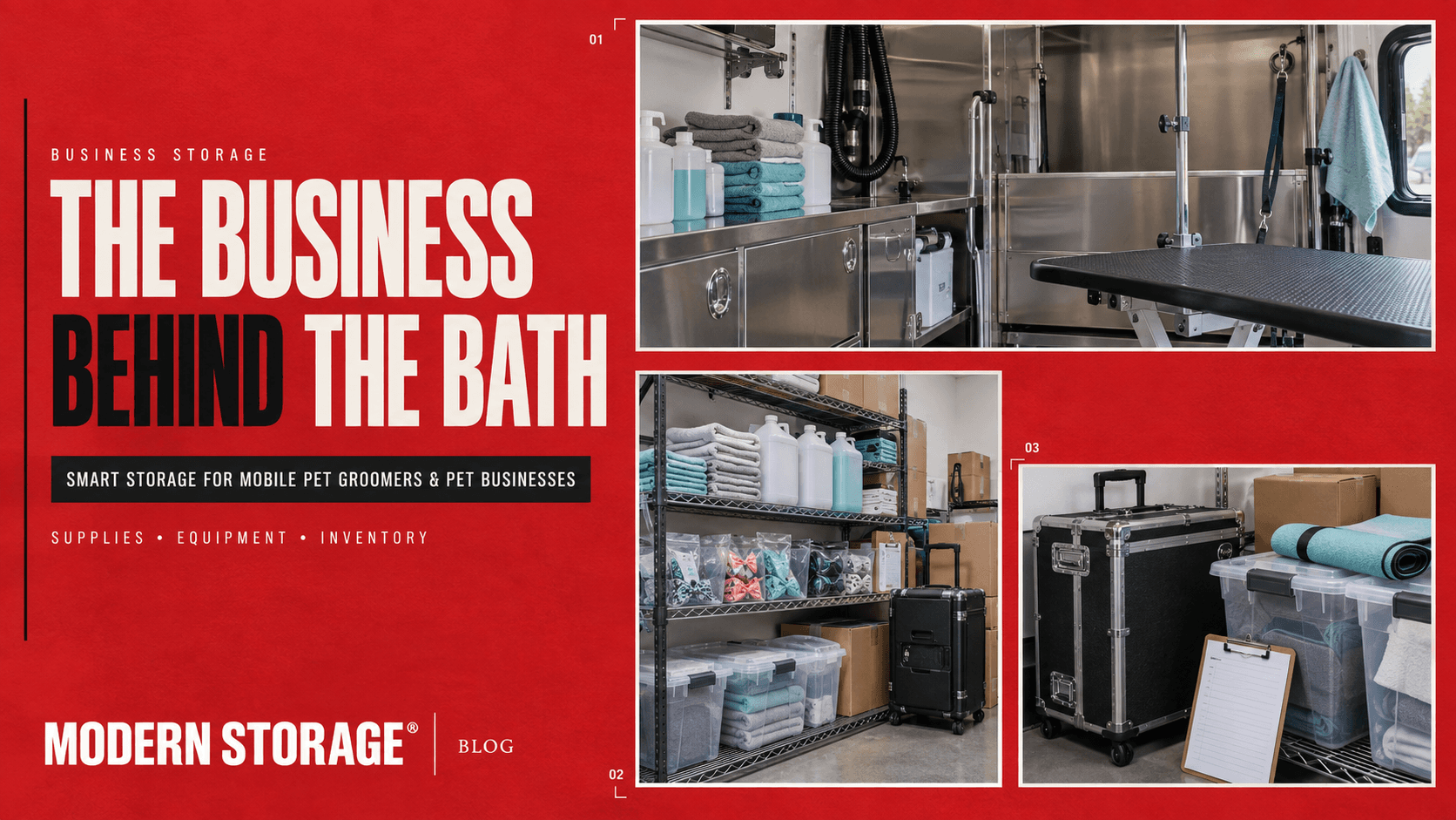 Mobile pet grooming equipment, clean towels, storage bins, and business supplies neatly organized.