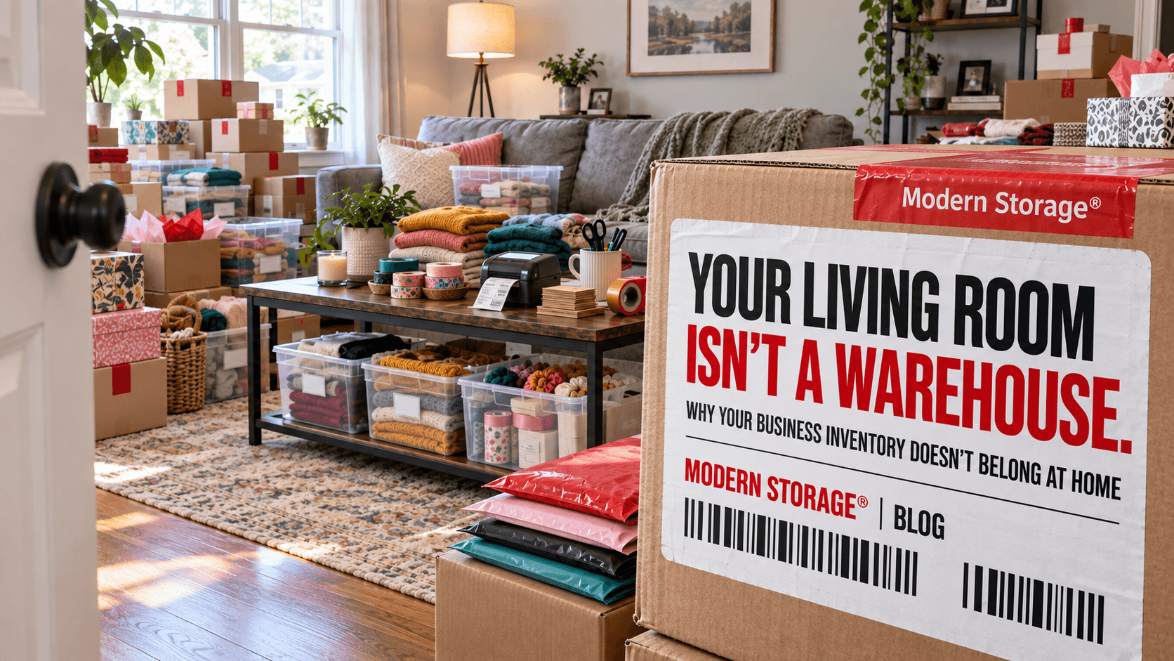 Colorful small business inventory, shipping supplies, and product bins taking over a living room beside a Modern Storage® blog sign.