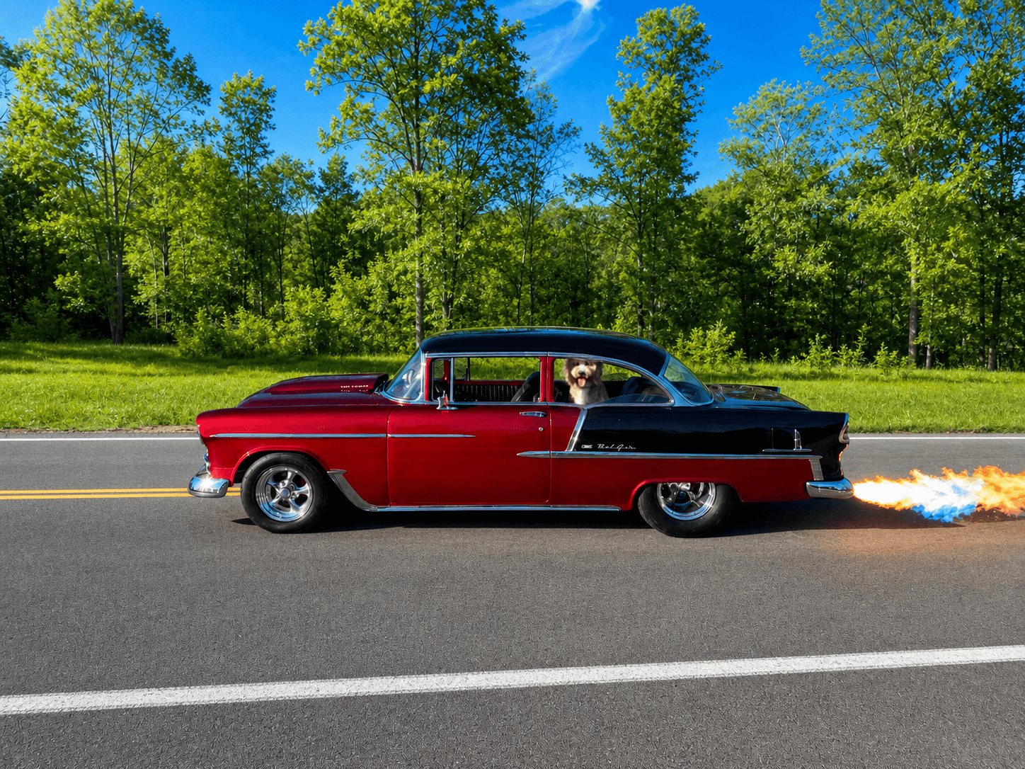 Red and black classic Chevrolet Bel Air parked outdoors with a dog sitting inside