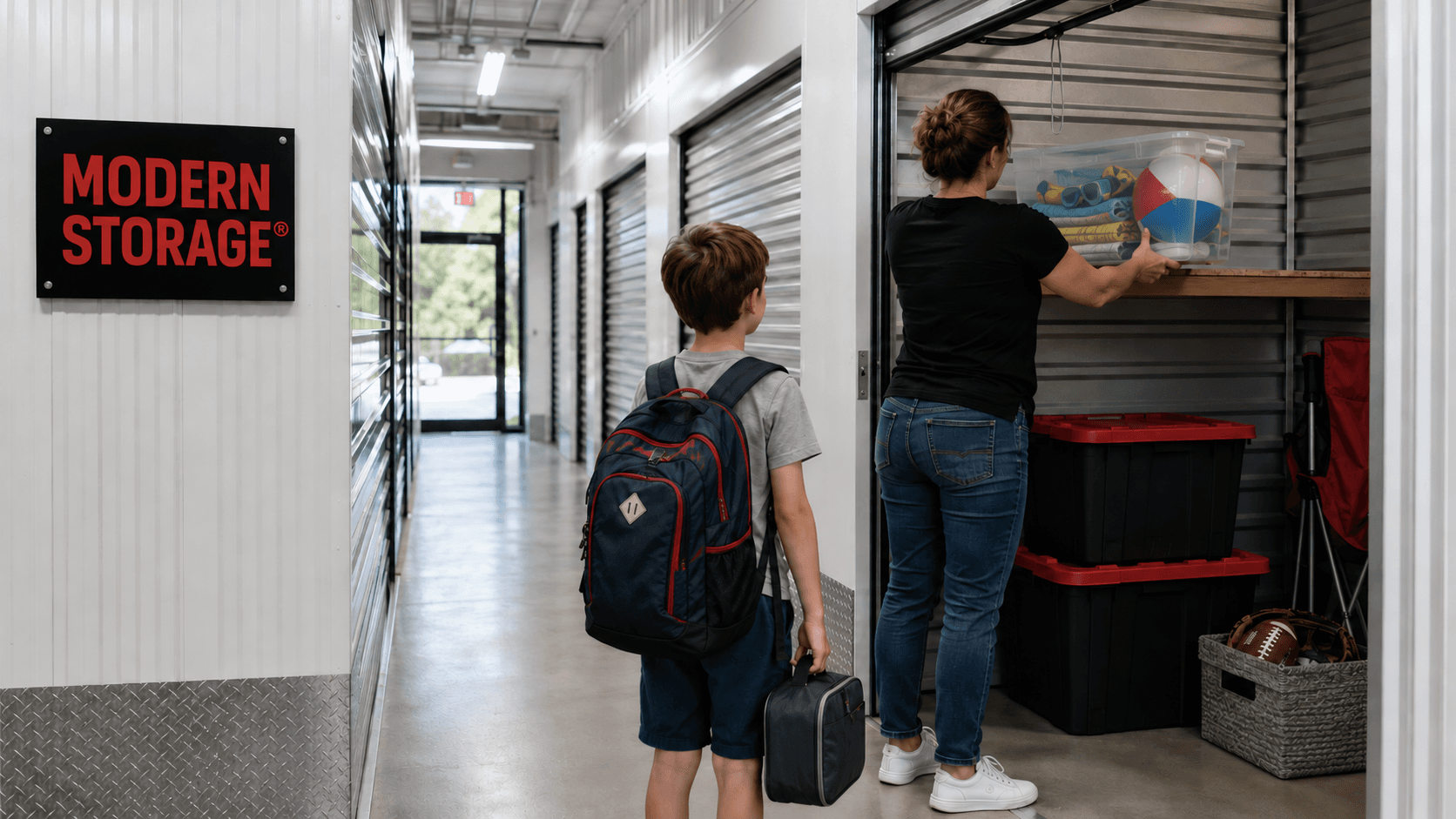 Mother storing summer gear at Modern Storage while her child prepares for the new school year.