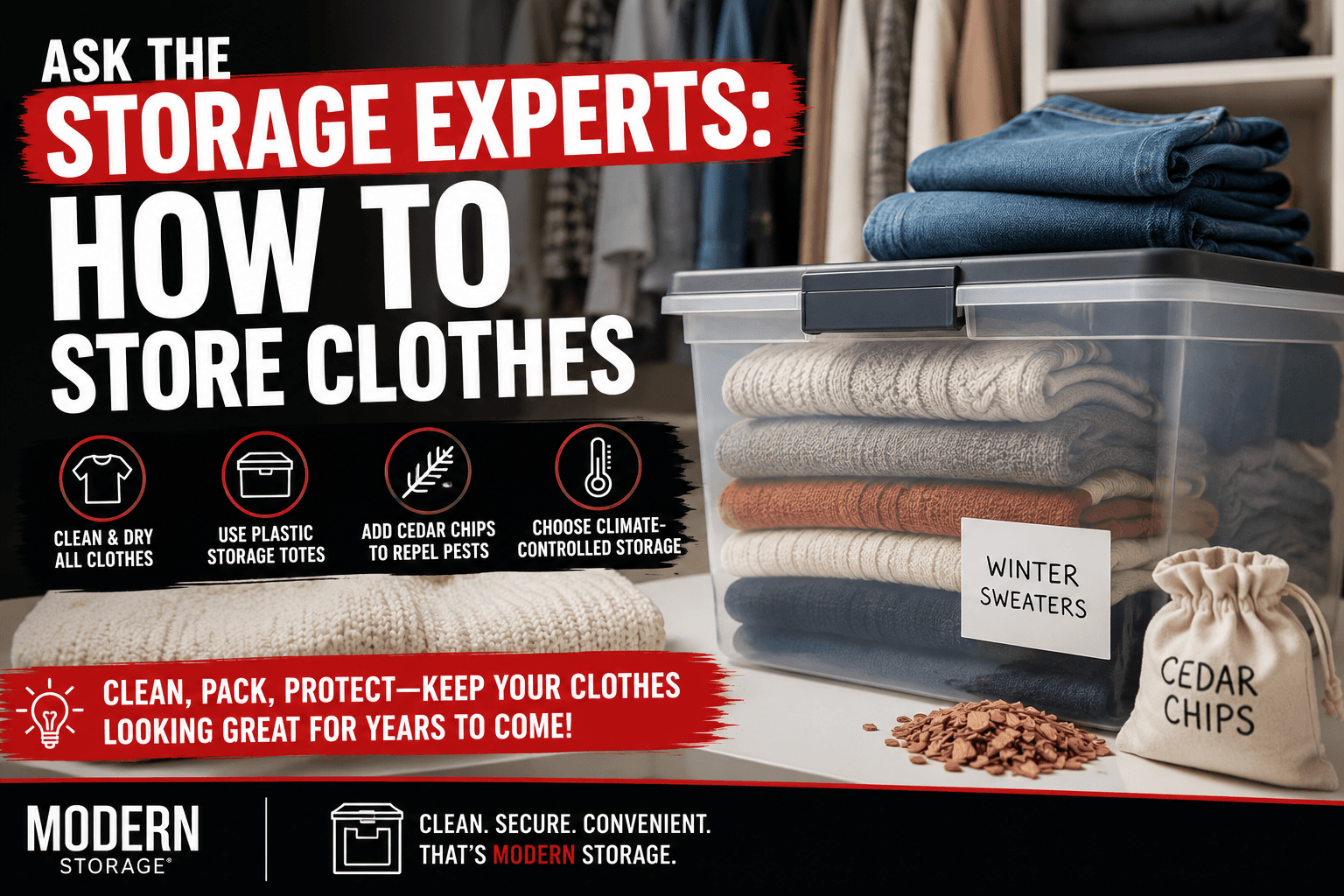 Storage expert shares the best way to store clothes using plastic totes and climate-controlled self-storage.