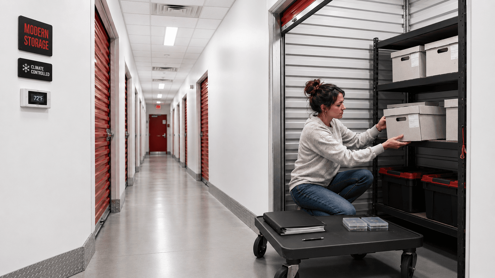 Woman organizing comic books, trading cards, and collectibles inside a clean, climate-controlled Modern Storage unit.