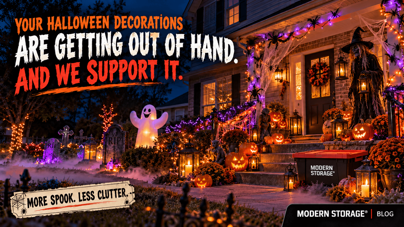 Large collection of Halloween decorations including pumpkins, inflatables, tombstones, lights, and spooky props