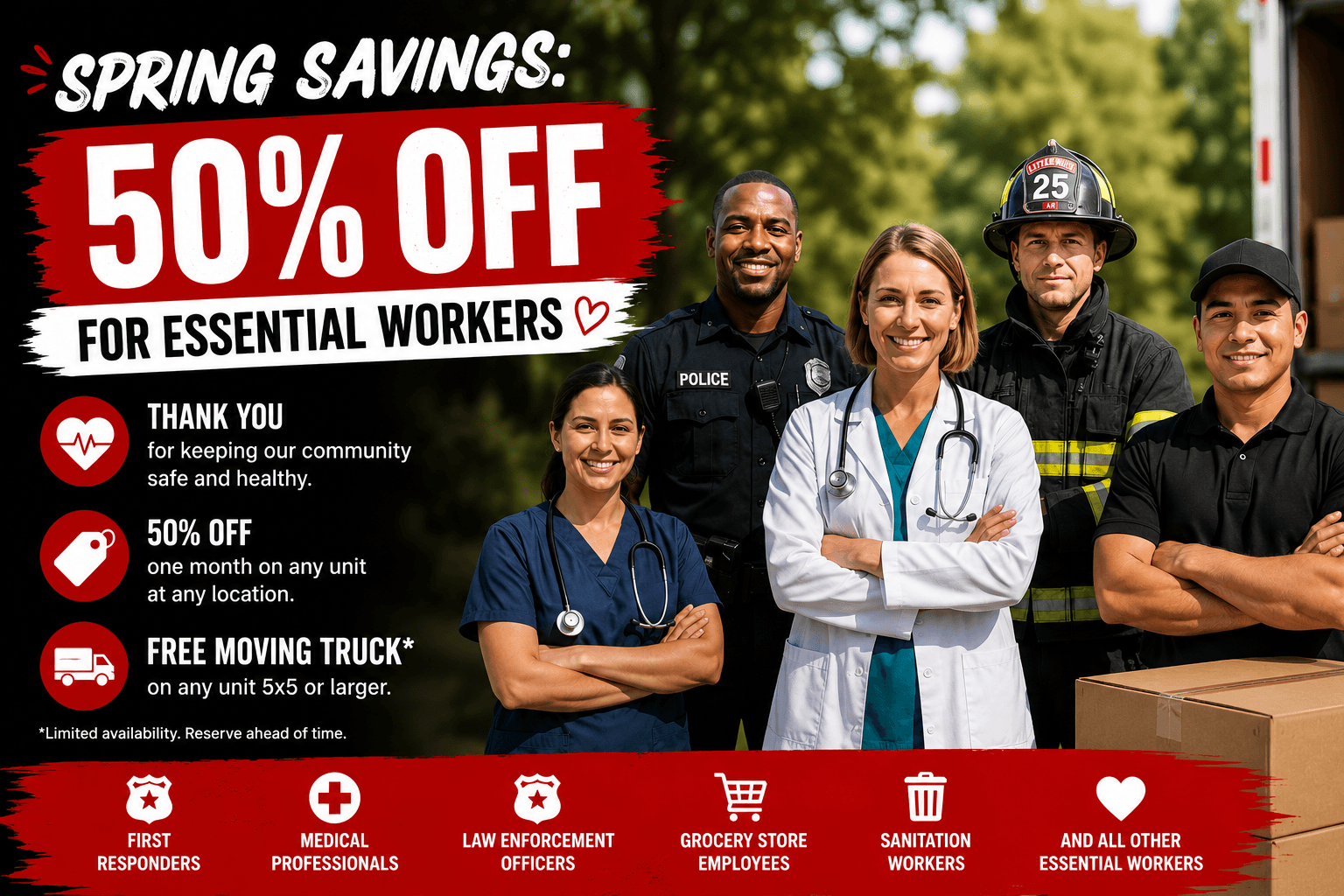 Essential workers standing together during Modern Storage®'s spring savings promotion with 50% off self-storage.