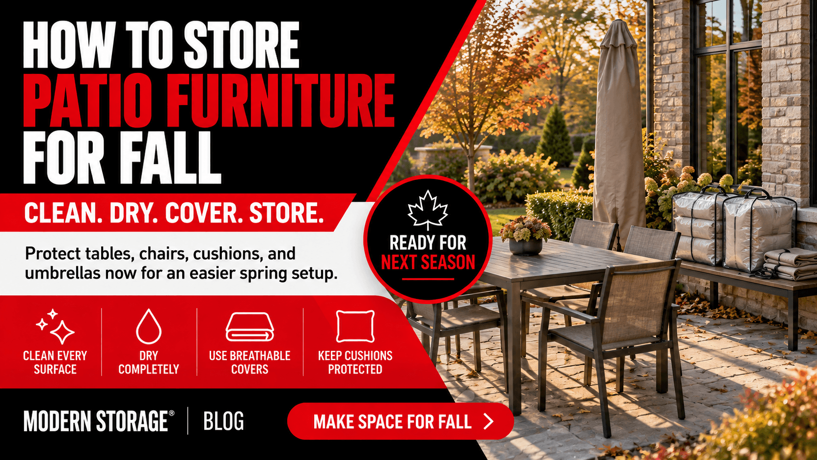 Clean patio furniture and outdoor cushions being prepared for seasonal storage