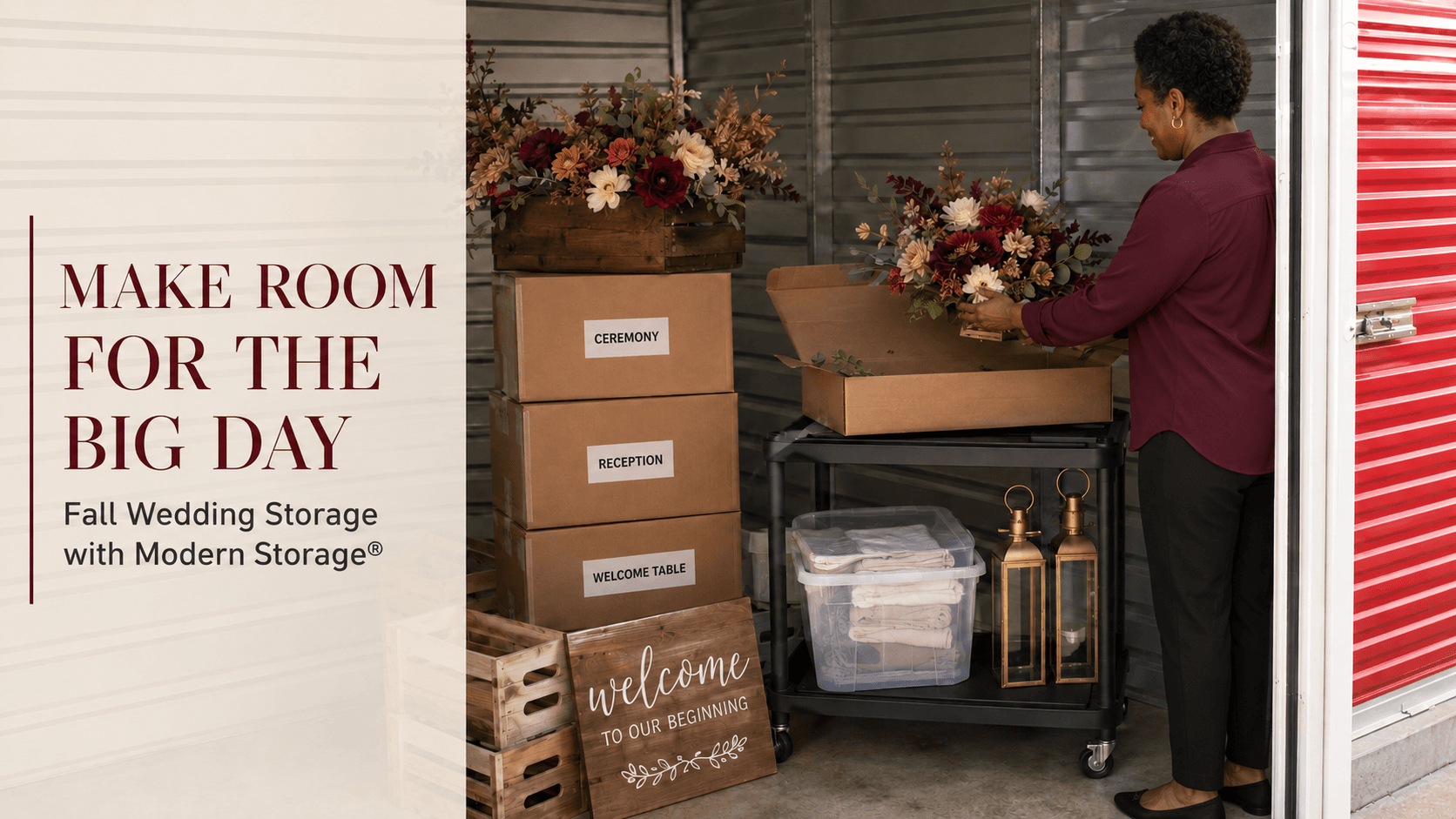 Fall wedding decorations and event supplies organized and ready for the big day