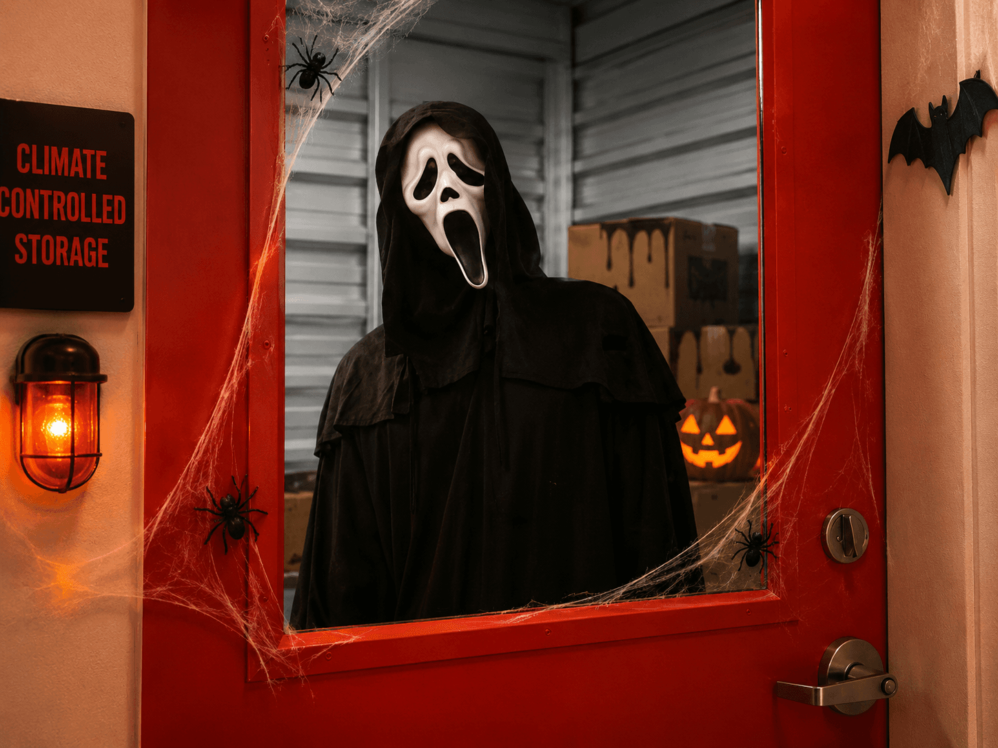 Ghostface costume standing behind a storage facility door window for a spooky Halloween-themed Modern Storage scene.