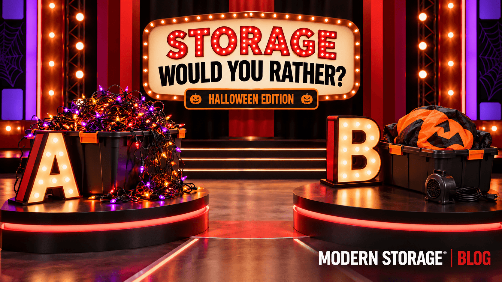 Halloween decorations including pumpkins, tombstones, lights, inflatables, costumes, and storage containers arranged for a Halloween on a game show.