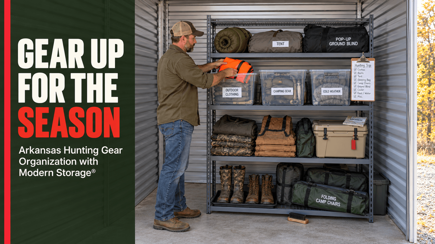 Seasonal outdoor gear including boots, clothing, coolers, totes, and camping equipment organized for fall