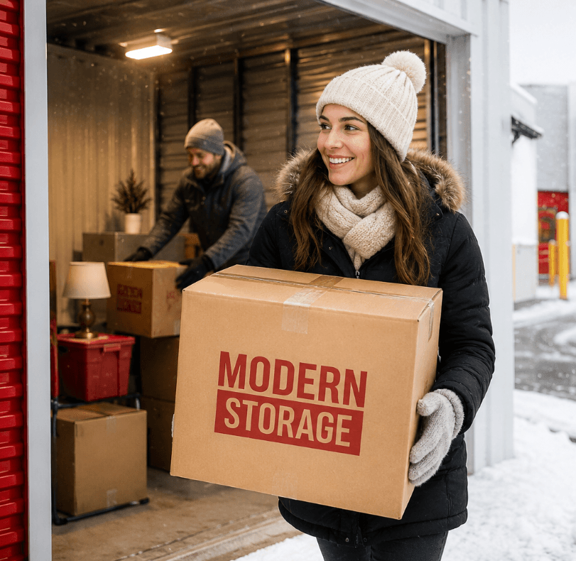Customer moving boxes into a Modern Storage unit on a snowy winter day while dressed for cold weather.