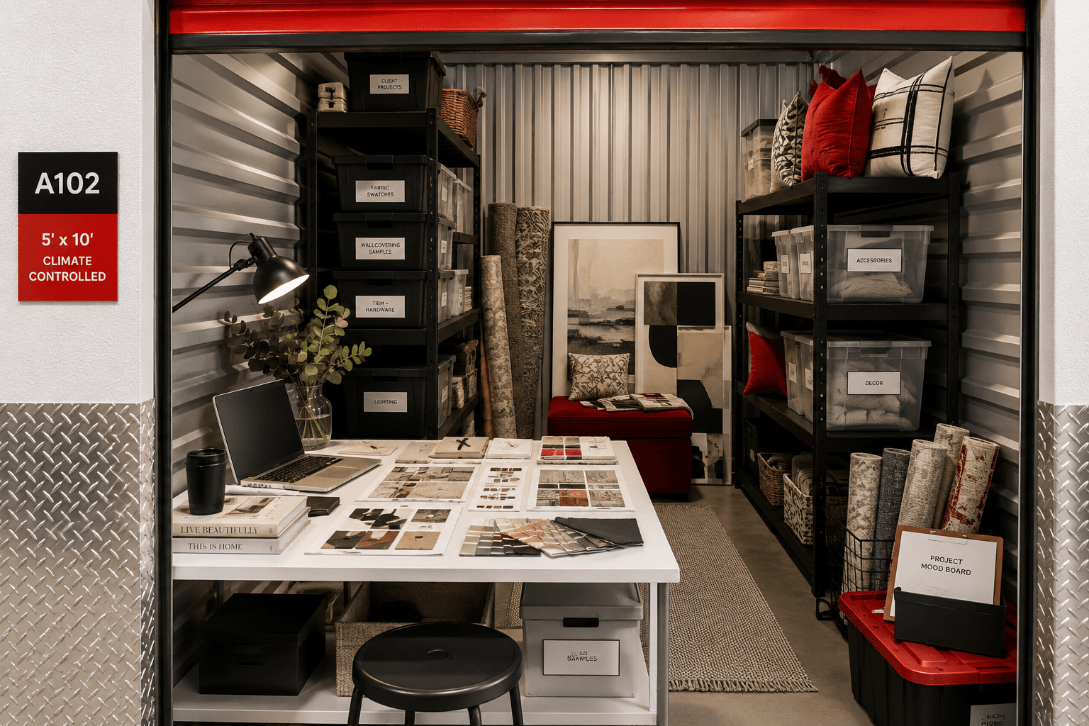 Interior designer organizing material samples, finishes, and design boards on a worktable