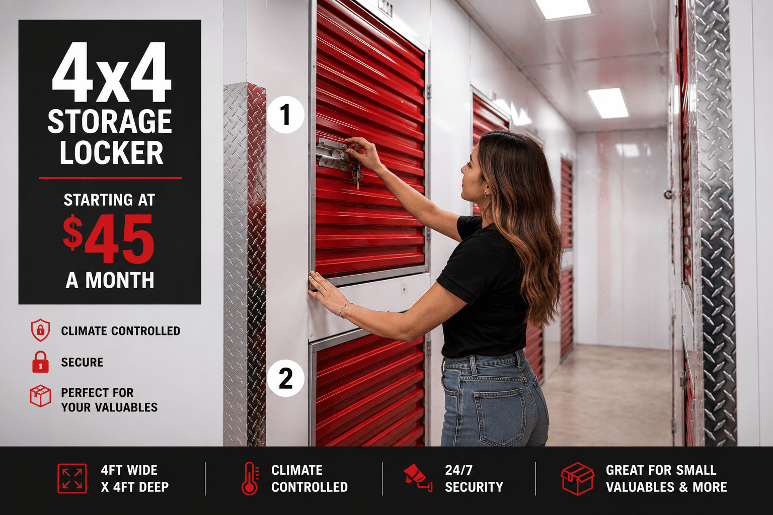 Customer securing a compact 4x4 climate-controlled storage locker inside a clean, modern self-storage facility.