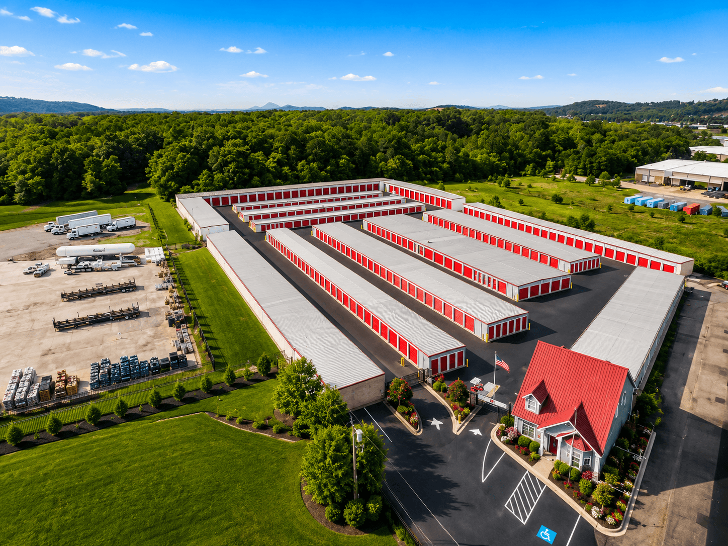 Aerial view of Modern Storage Maumelle showing drive-up storage units, wide access lanes, and secure property.