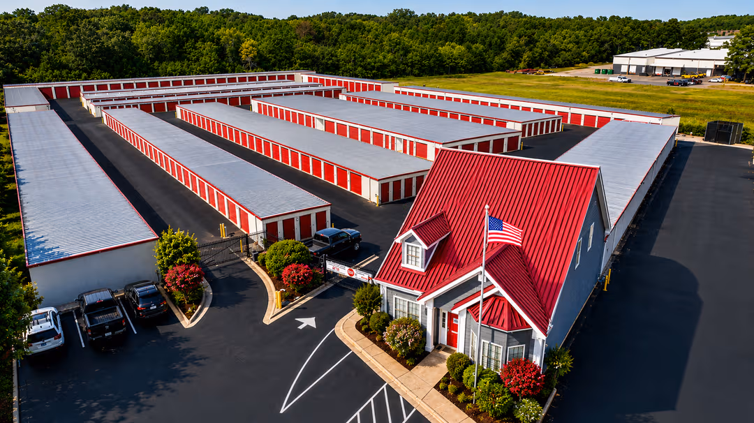 Aerial view of Modern Storage Maumelle featuring secure drive-up and climate-controlled self-storage units.