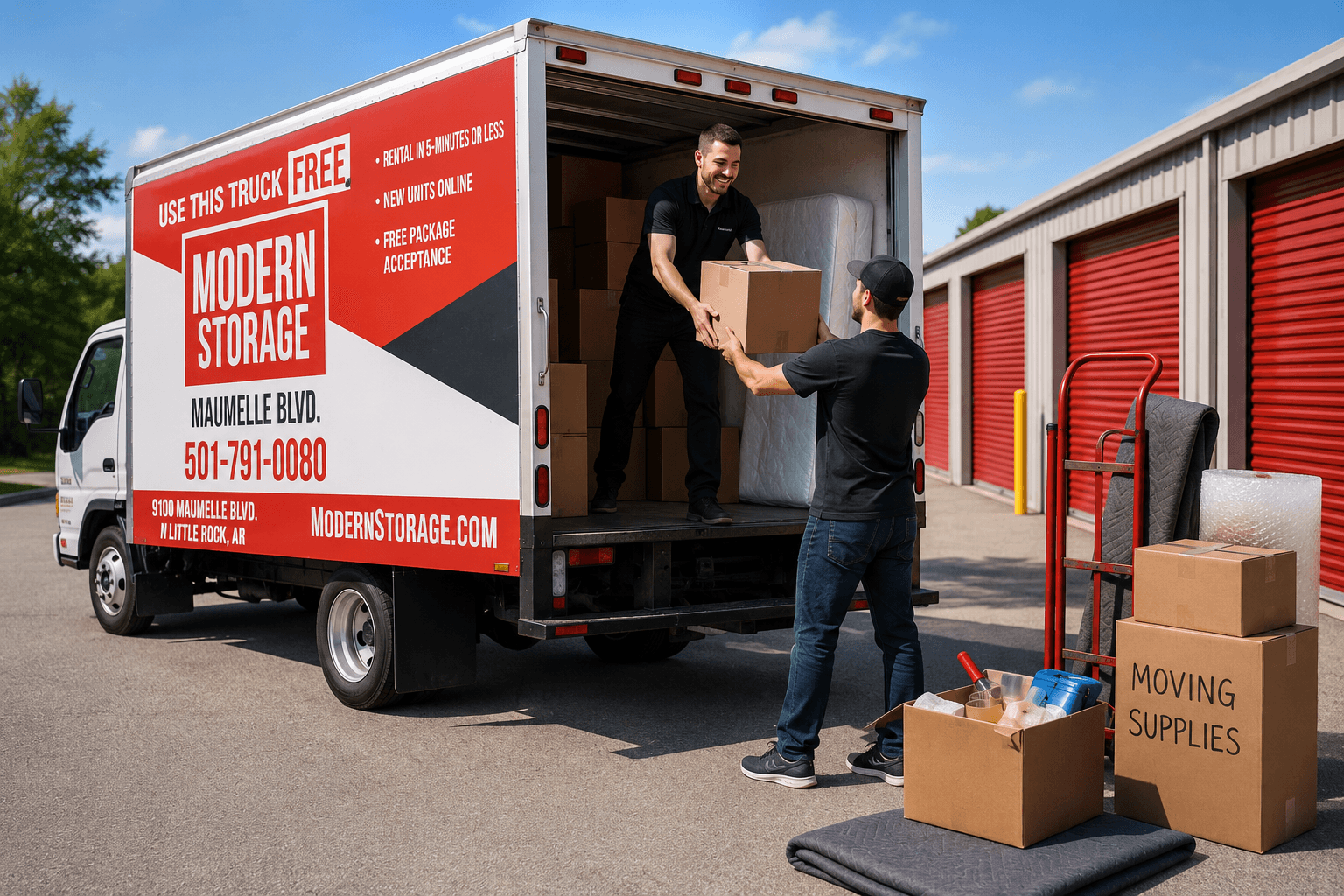 Modern Storage moving truck being loaded with boxes and furniture for a smooth, stress-free move-in experience.