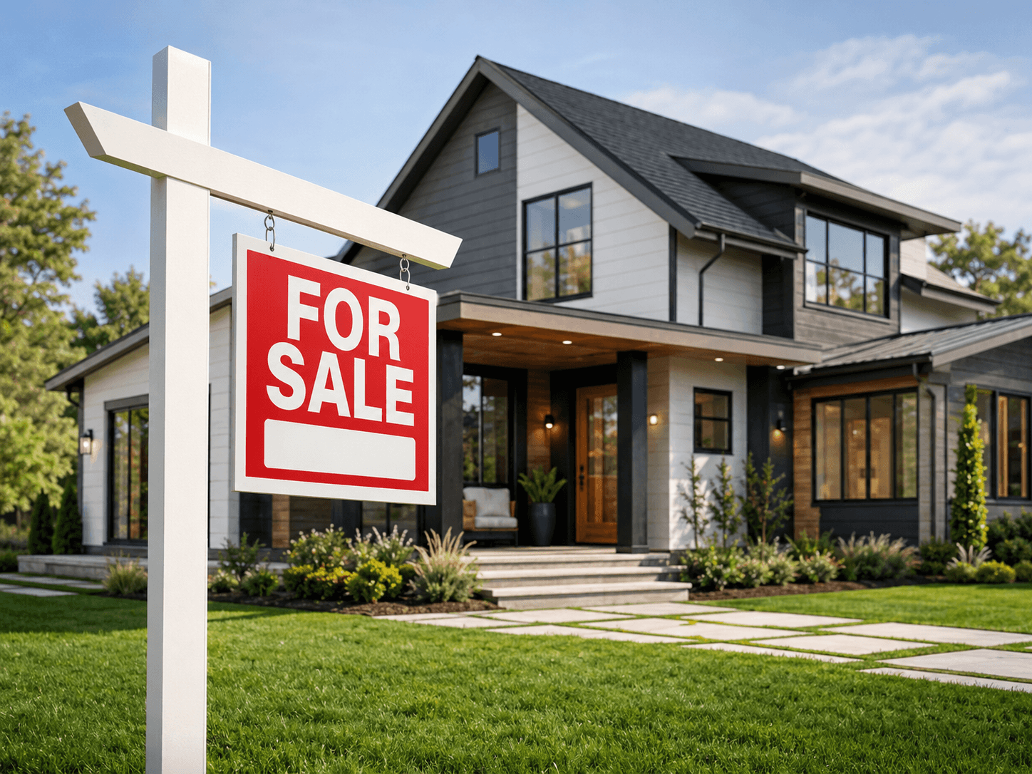 For Sale sign in front of a home with prospective buyers viewing the property