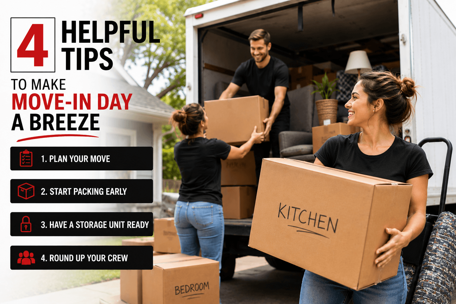 Friends loading moving boxes into a truck while following smart tips to make move-in day faster and less stressful.