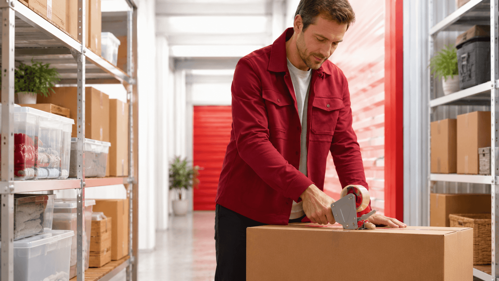 Person sealing a moving box while organizing belongings for storage