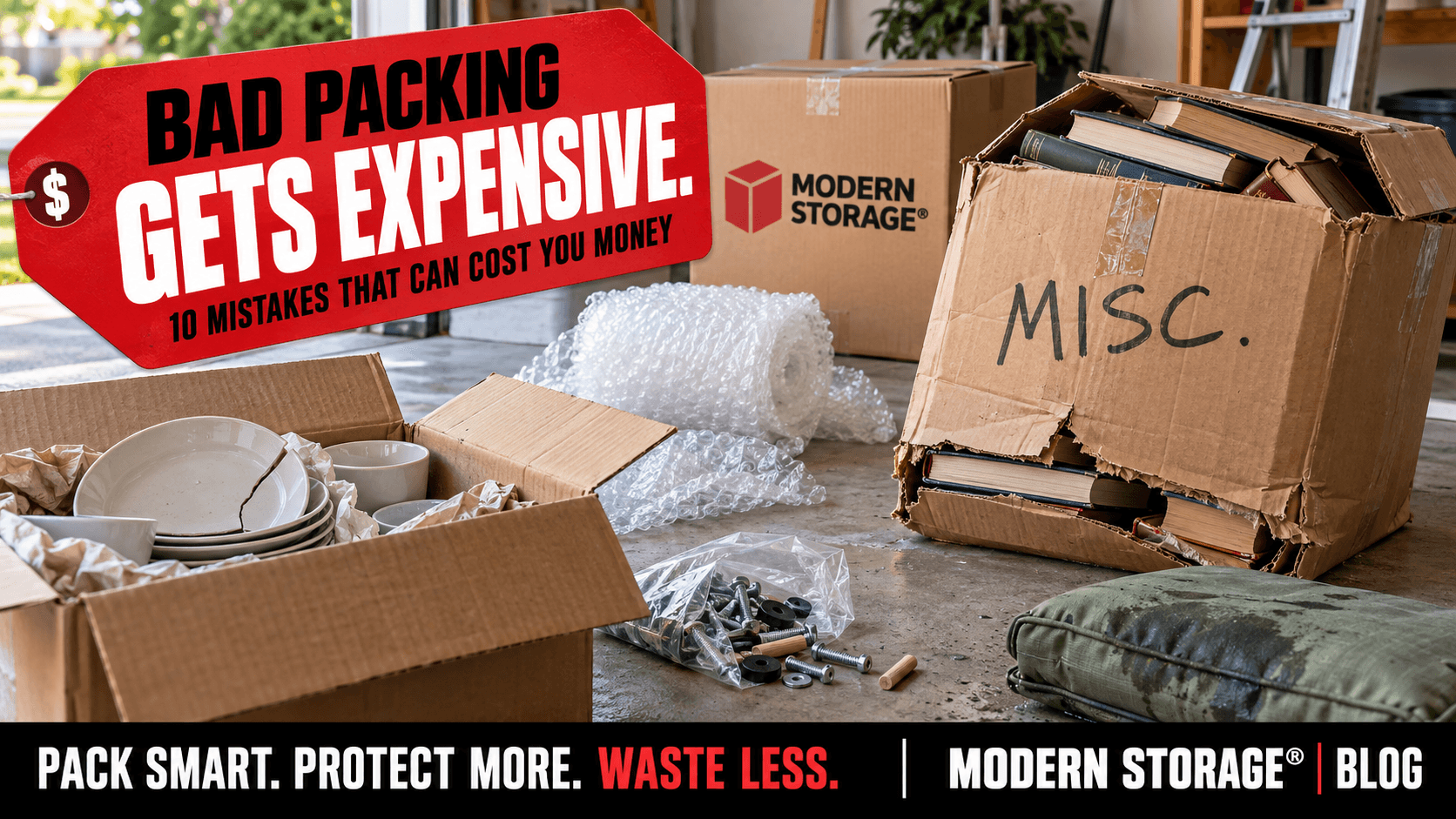 Moving boxes and household belongings damaged from bad packing