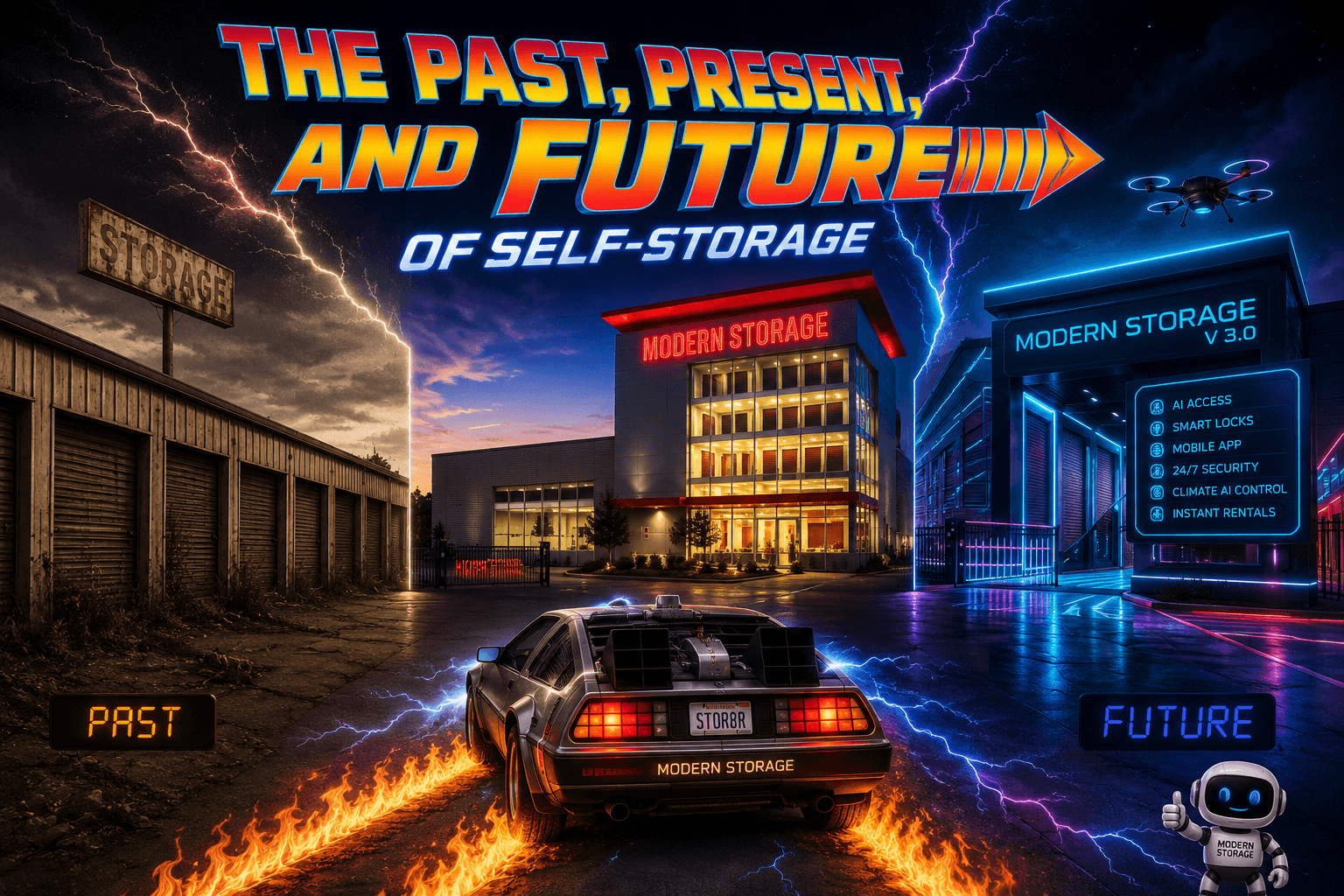 Retro-futuristic illustration showing the evolution of self-storage from aging facilities to modern technology.