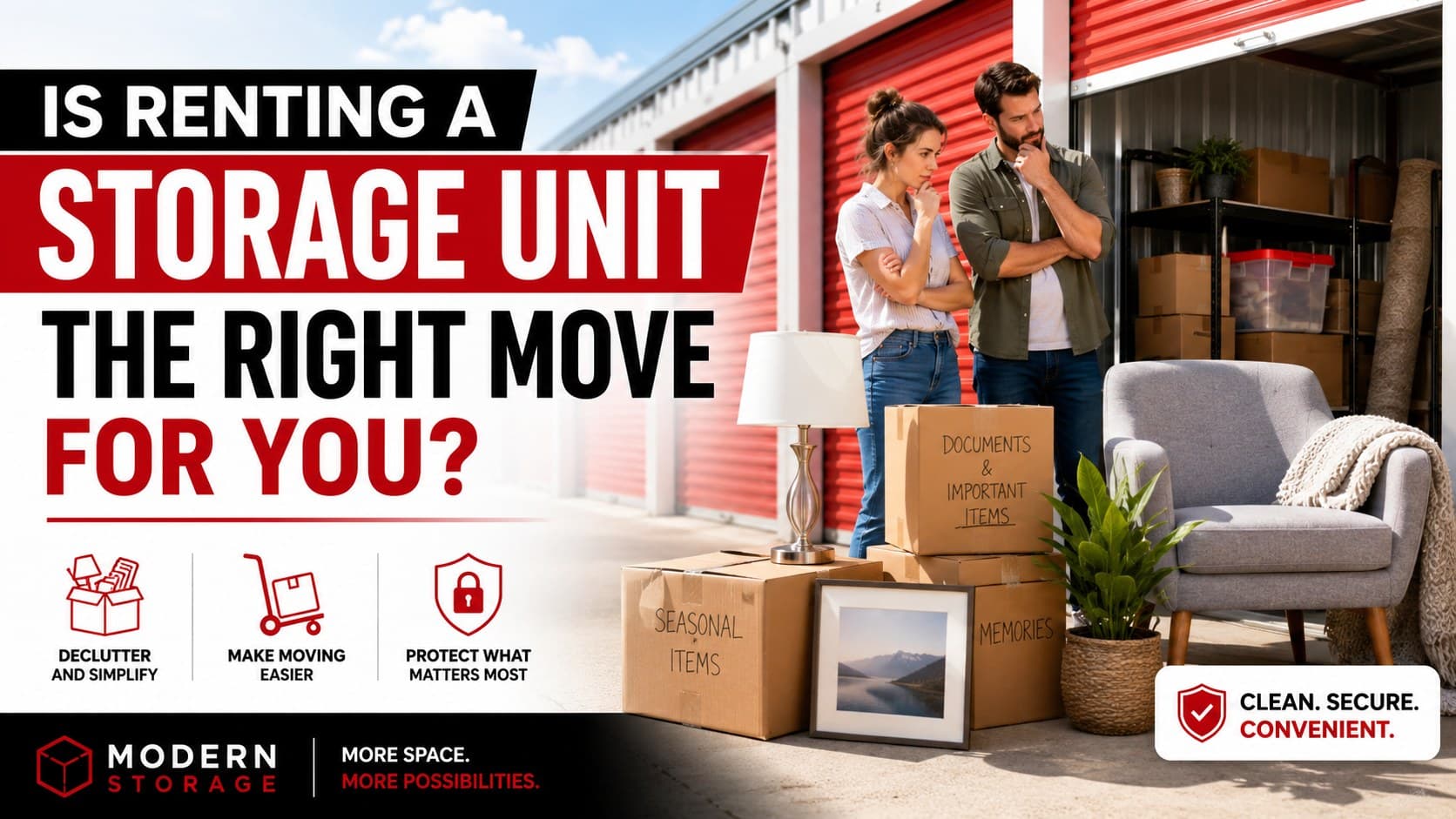 Couple deciding whether to rent a Modern Storage unit while standing beside boxes and furniture