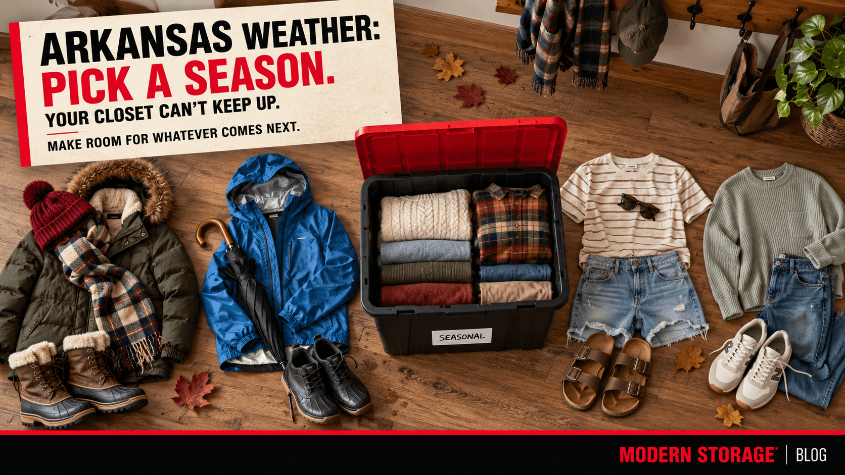 Overfilled bin with winter coats, sweaters, summer clothes, boots, sandals, and seasonal clothing in Arkansas