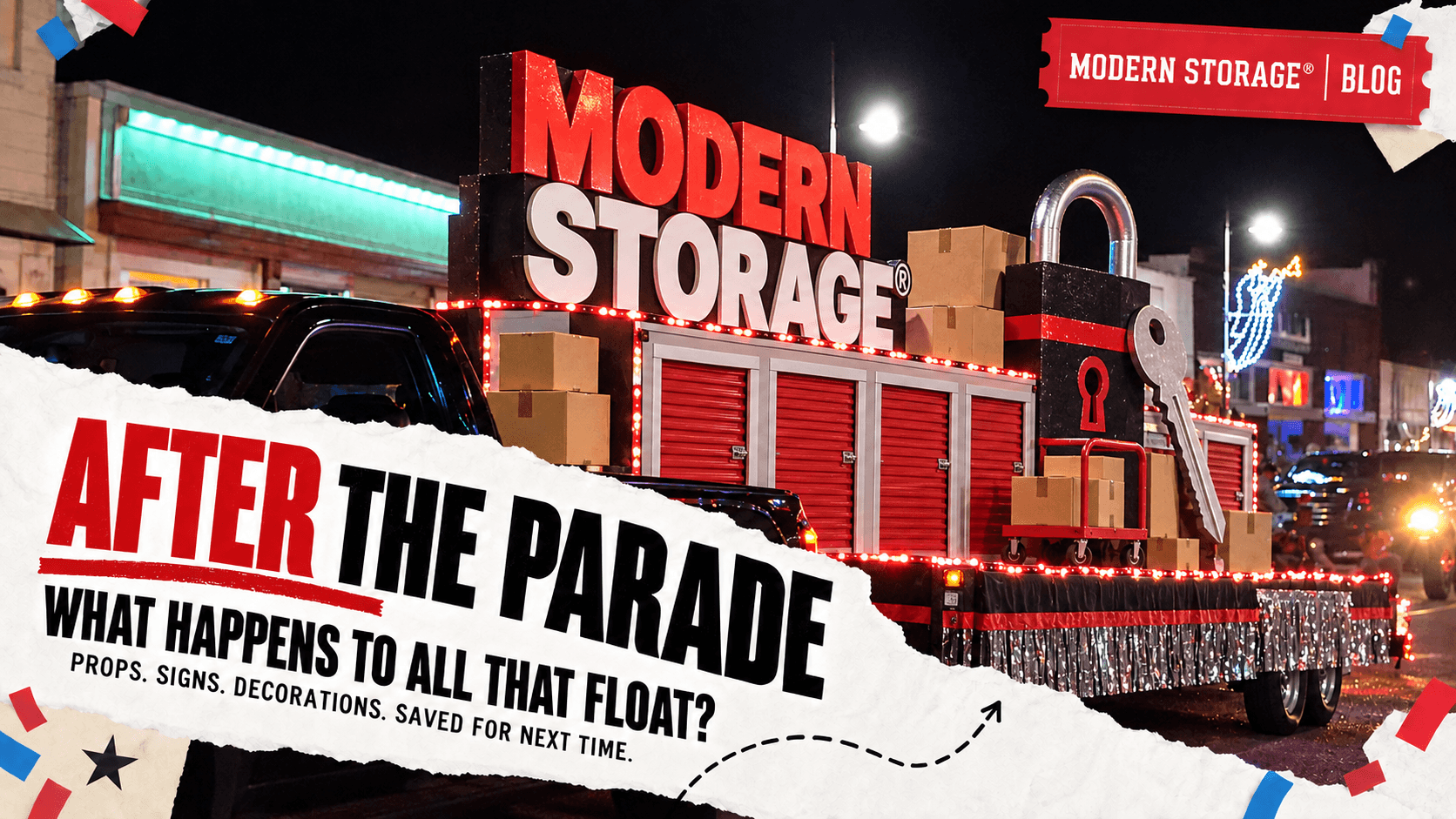 Colorful parade with a Modern Storage® float.