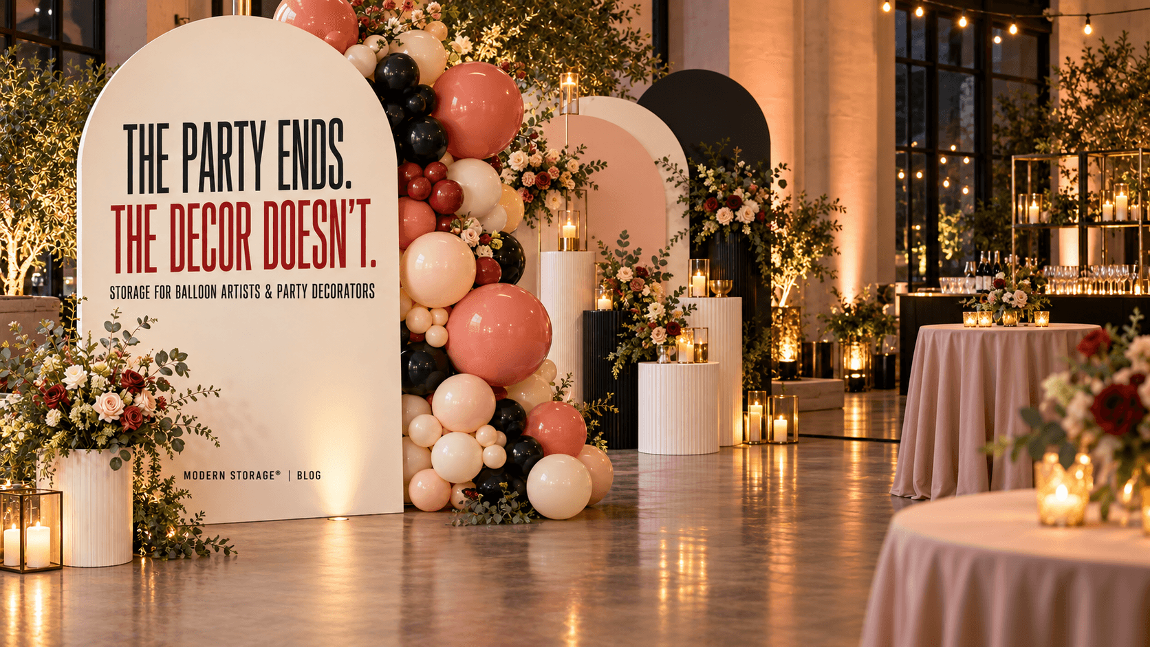 Colorful balloon arch and party decor.