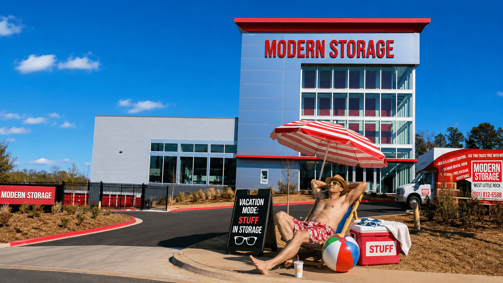 Vacation-ready customer relaxes outside Modern Storage after putting their summer belongings safely into storage.