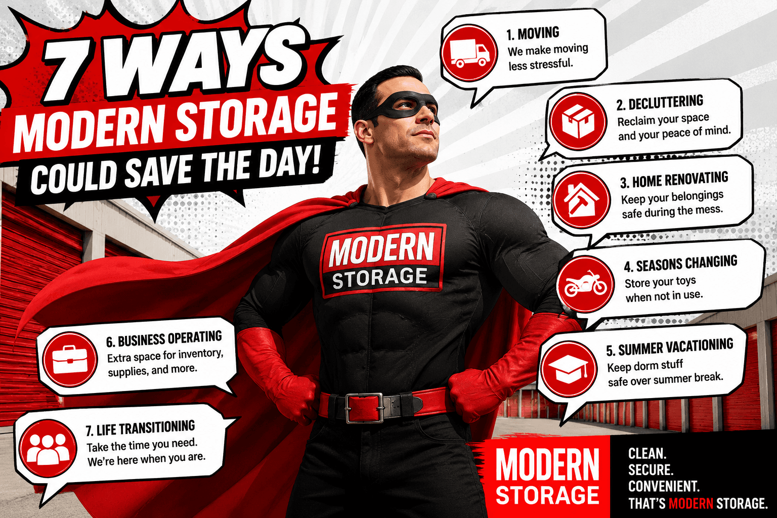 Superhero representing Modern Storage helping people through moving, renovations, decluttering, and life's transitions.