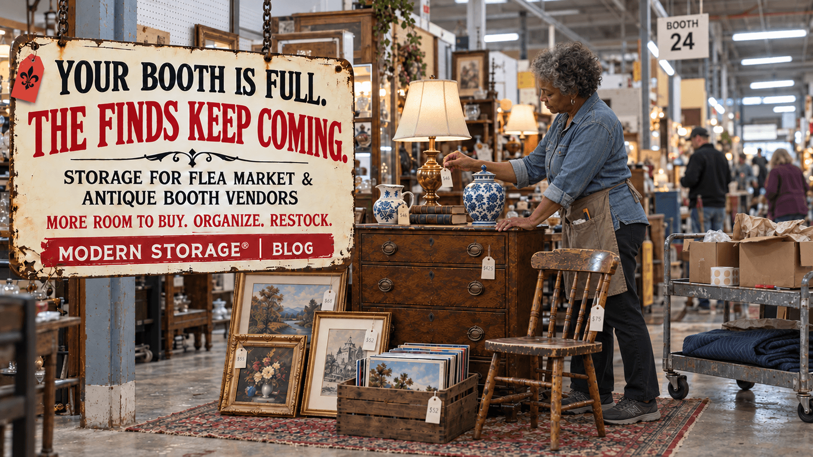Antique booth and flea market inventory including vintage furniture, décor, signs, lamps, boxes, and display pieces