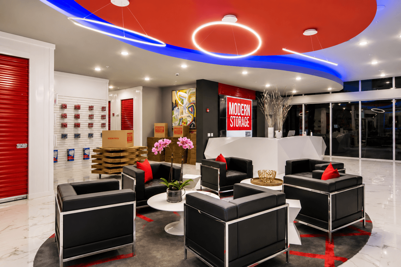 Modern Storage office with comfortable lounge seating, coffee bar, and a welcoming customer service experience.