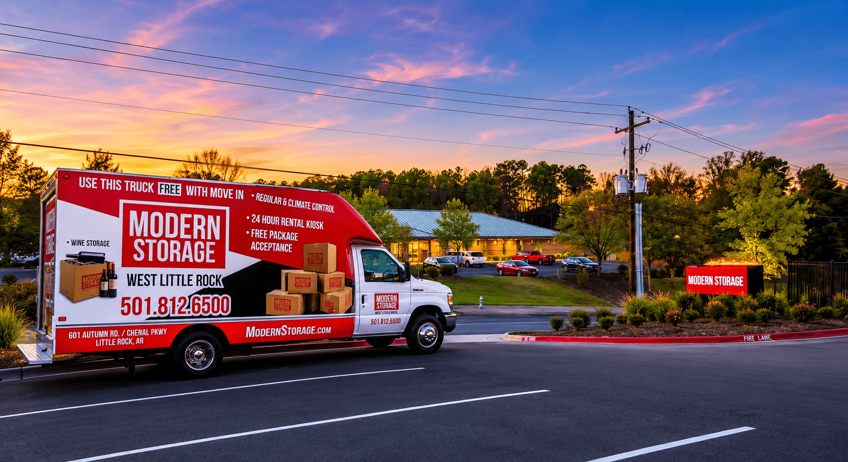 Modern Storage free moving truck parked outside the West Little Rock storage facility in Arkansas.