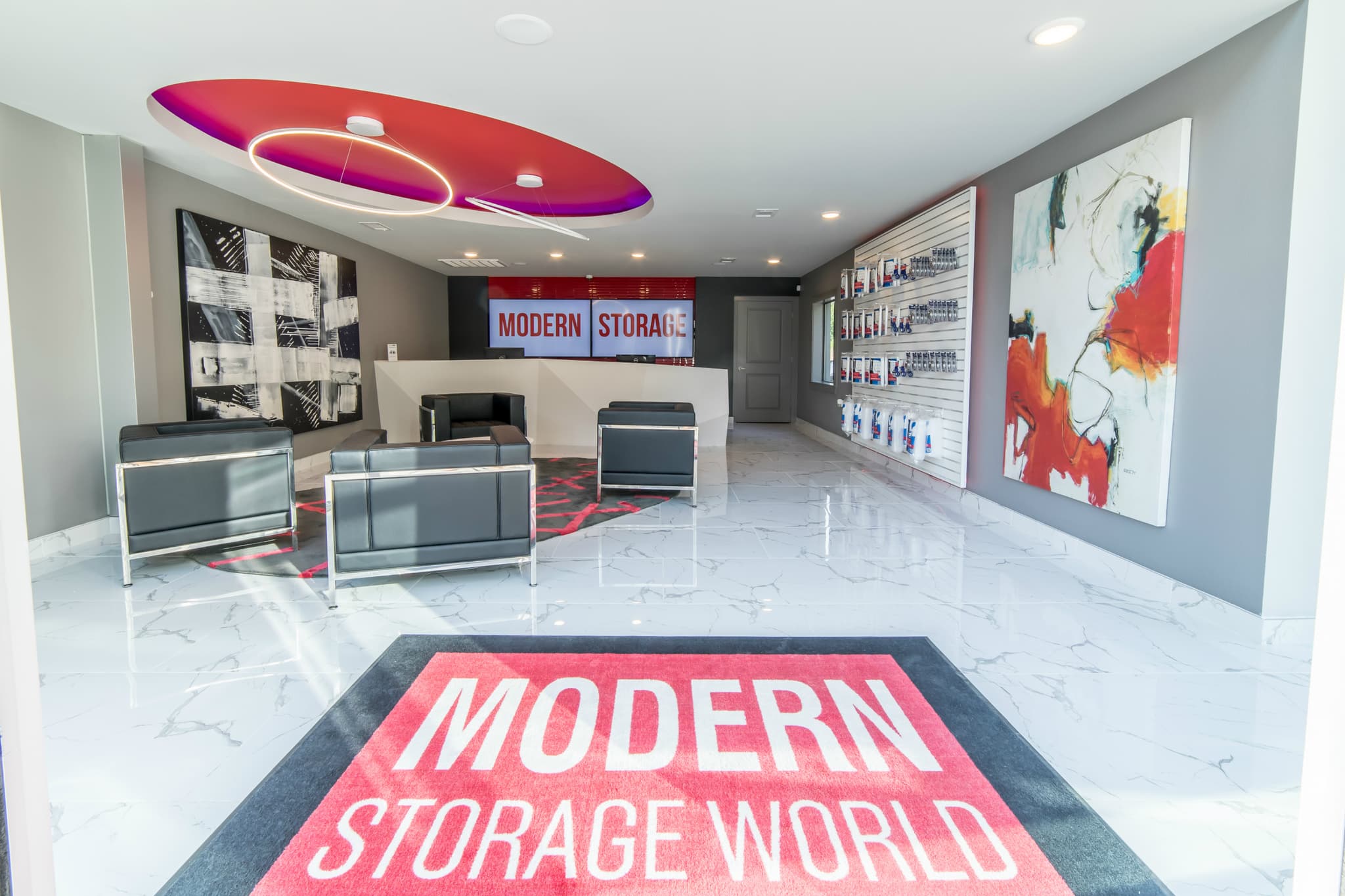 Modern Storage World lobby featuring a clean, modern interior with self storage exhibits and interactive displays.