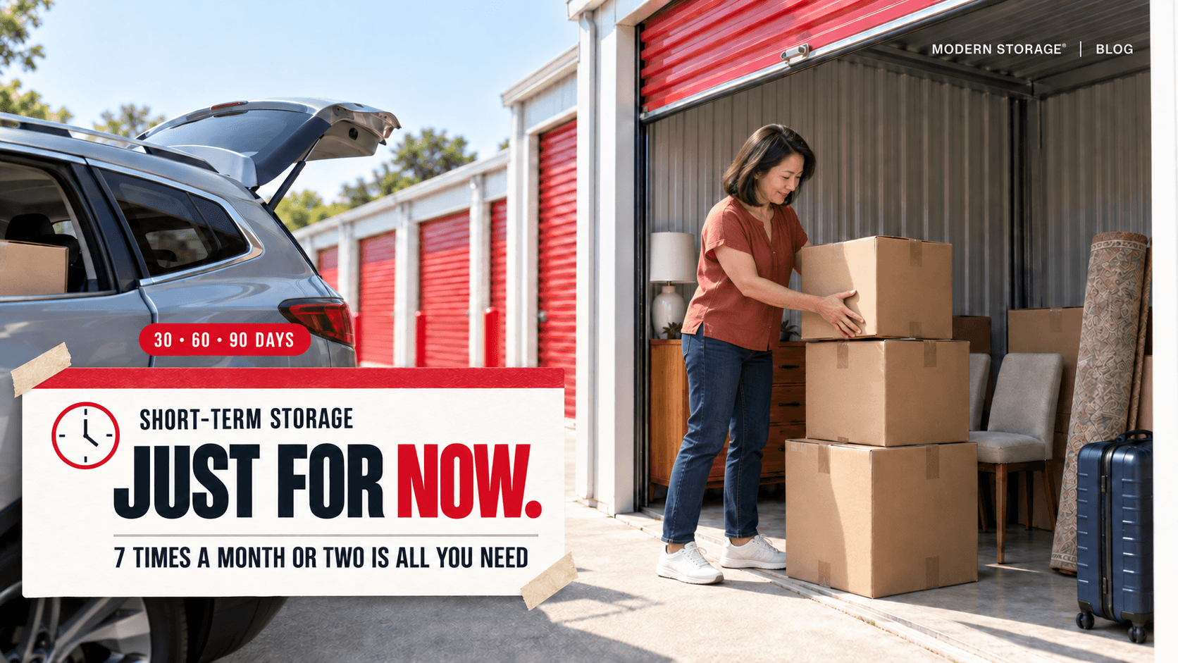 Boxes and household belongings organized inside a storage unit for temporary short-term storage