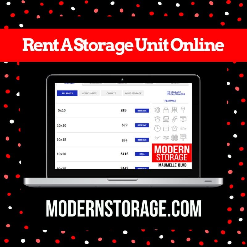 Online self storage rental page showing how to reserve and move into a Modern Storage unit from any device.