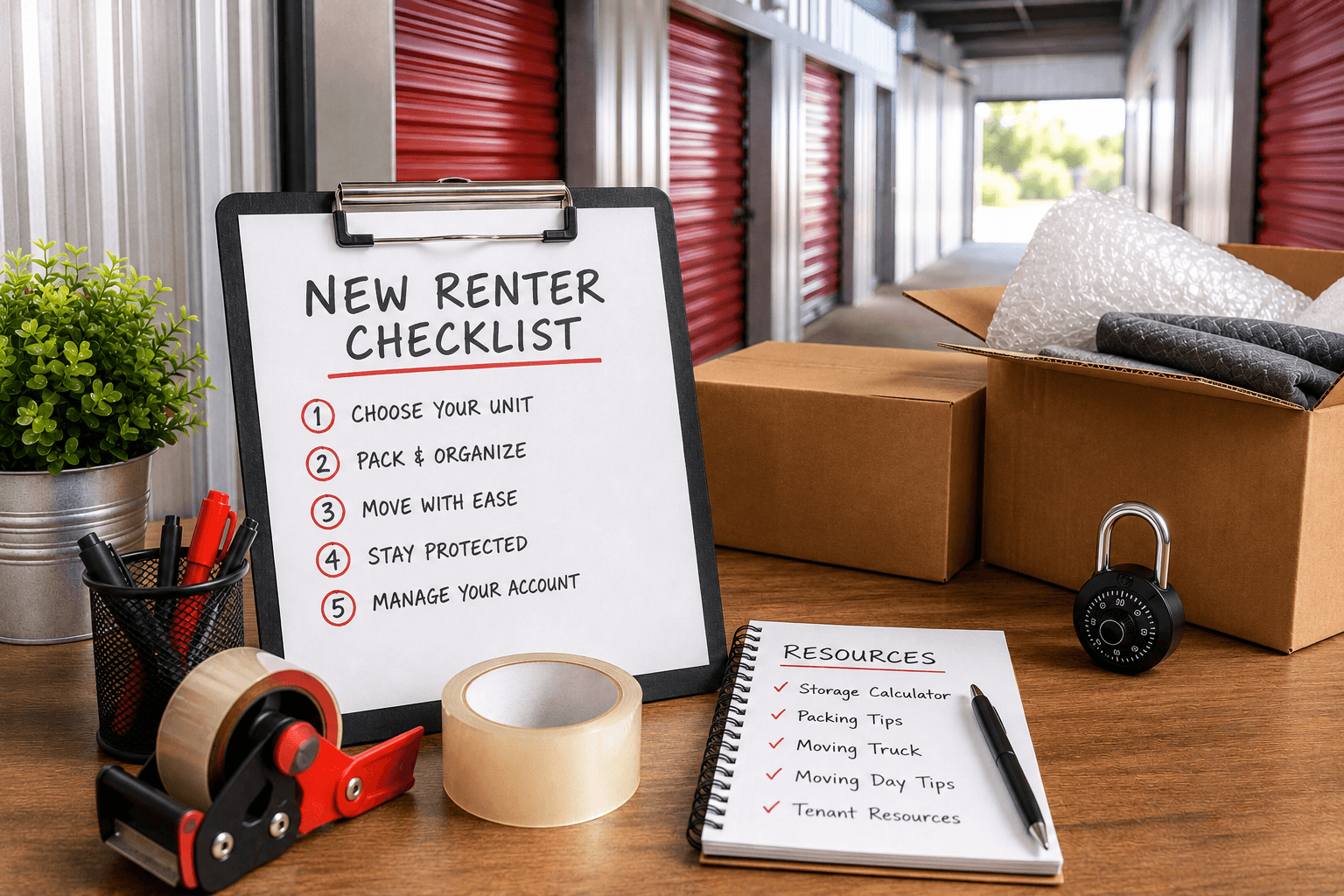 New renter storage checklist with moving supplies, packing essentials, and self-storage resources for a smooth move.