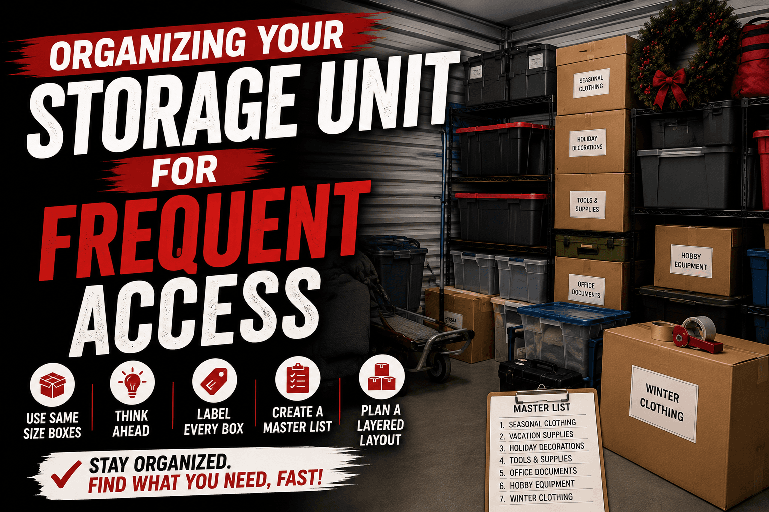 Organized Modern Storage unit with labeled boxes, bins, and easy-access layout