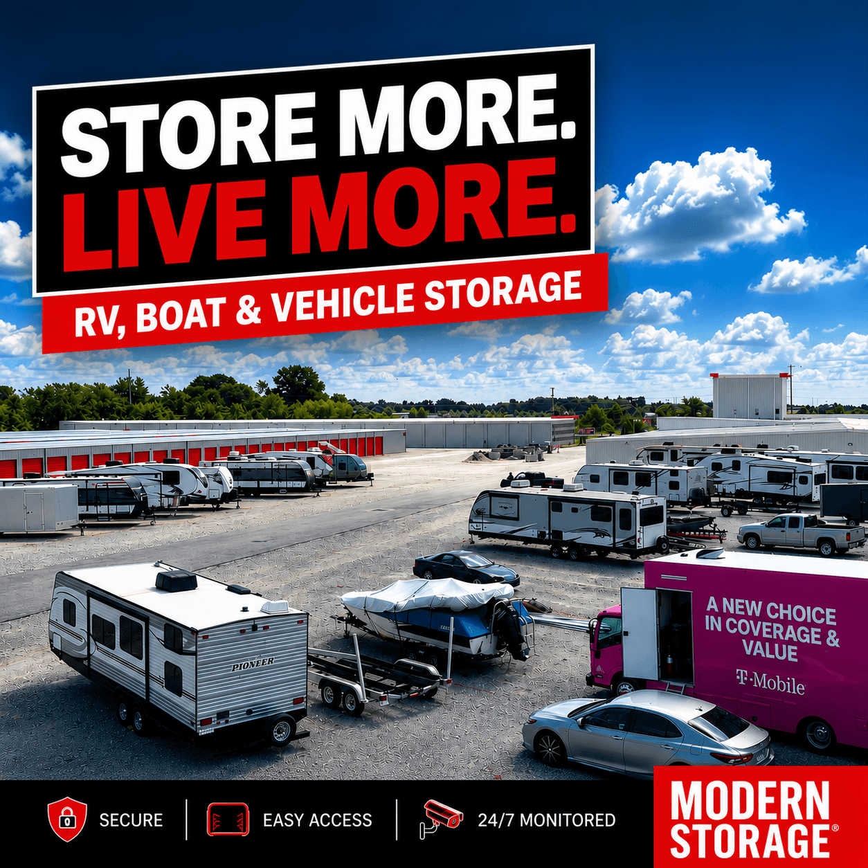 Outdoor RV, boat, and vehicle storage at Modern Storage with spacious parking and secure gated access.