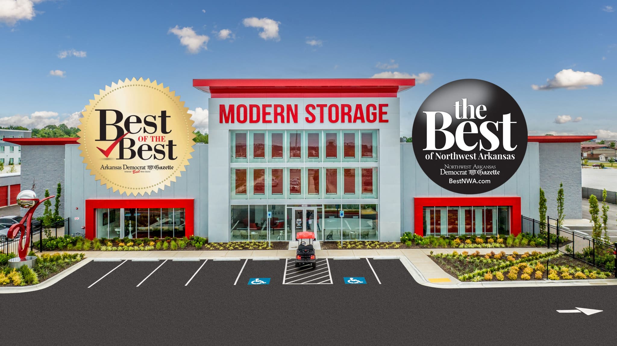 Modern Storage® Springdale facility at 4555 W Sunset Ave with “Best of the Best” and “Best of Northwest Arkansas” award seals