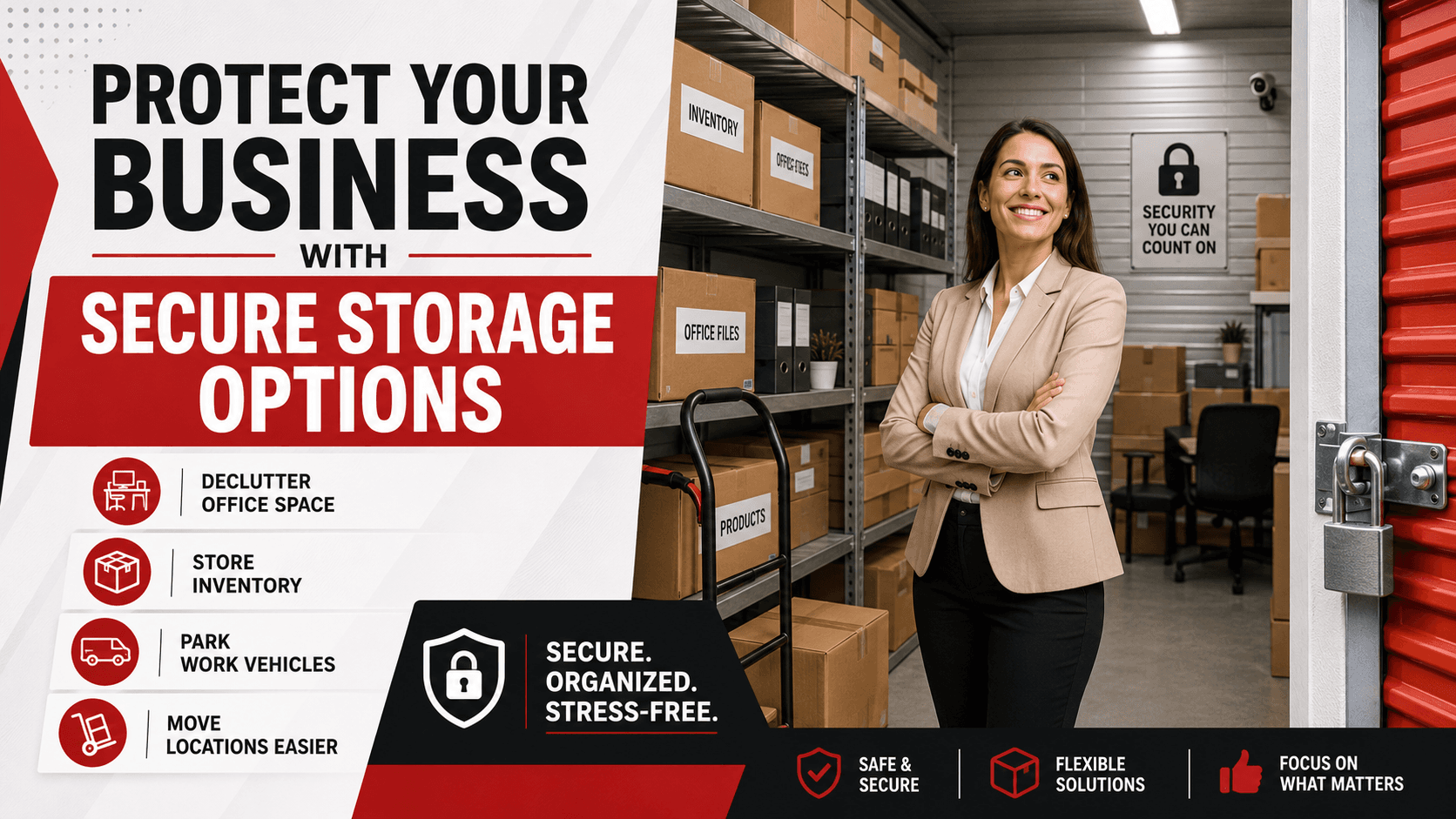 Business owner using Modern Storage for secure inventory, office files, and work supplies