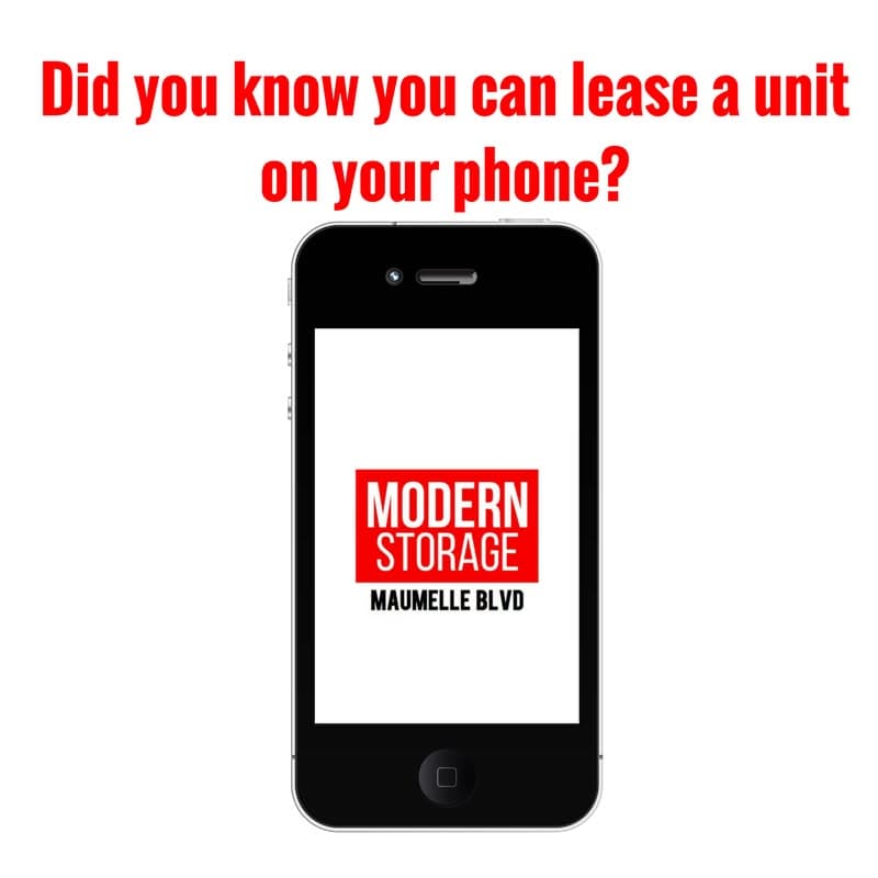 Smartphone displaying Modern Storage's online rental page for fast, convenient self-storage rentals.