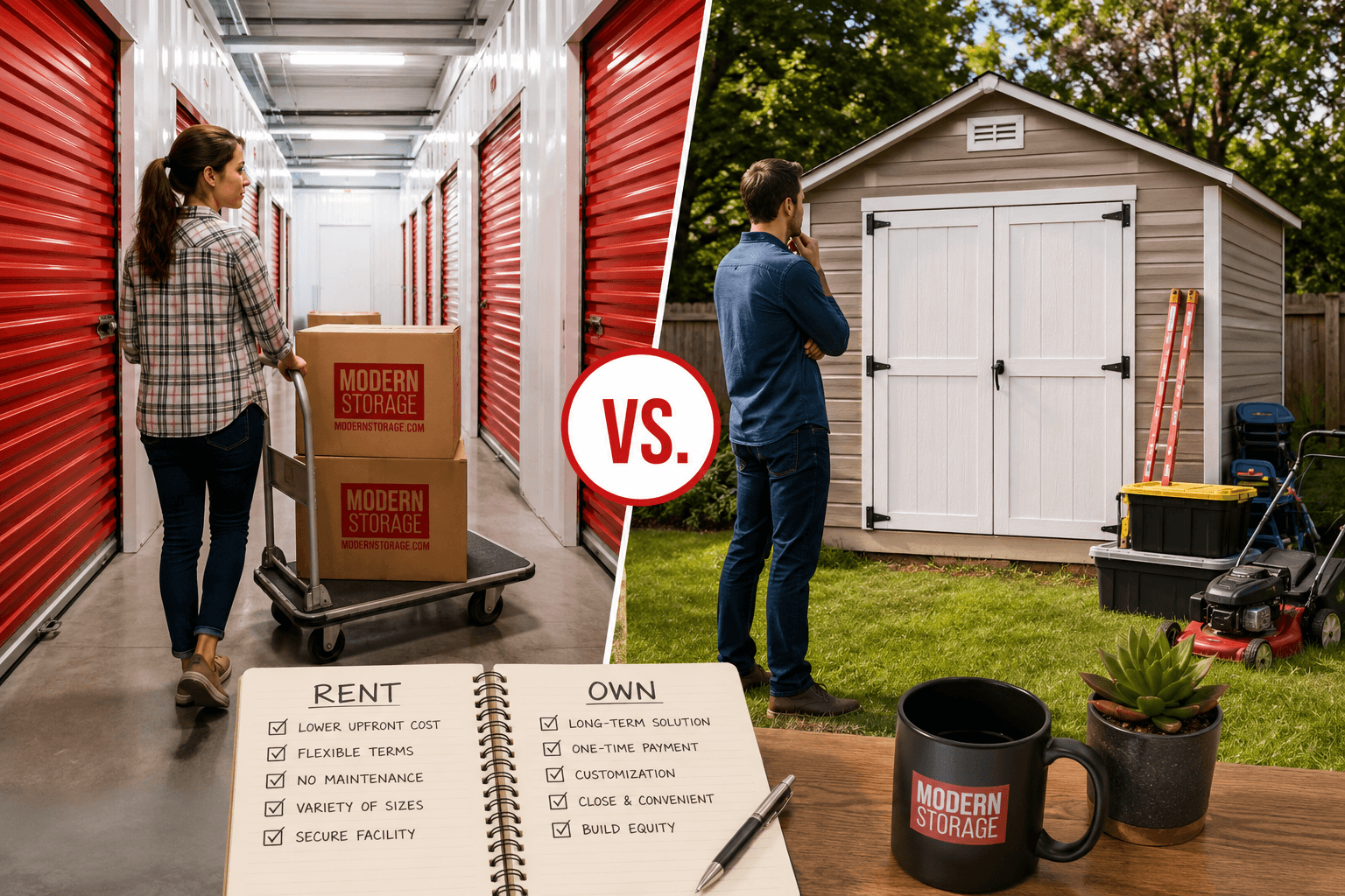 Person comparing a Modern storage unit with a backyard storage shed to decide whether to rent or own storage space.