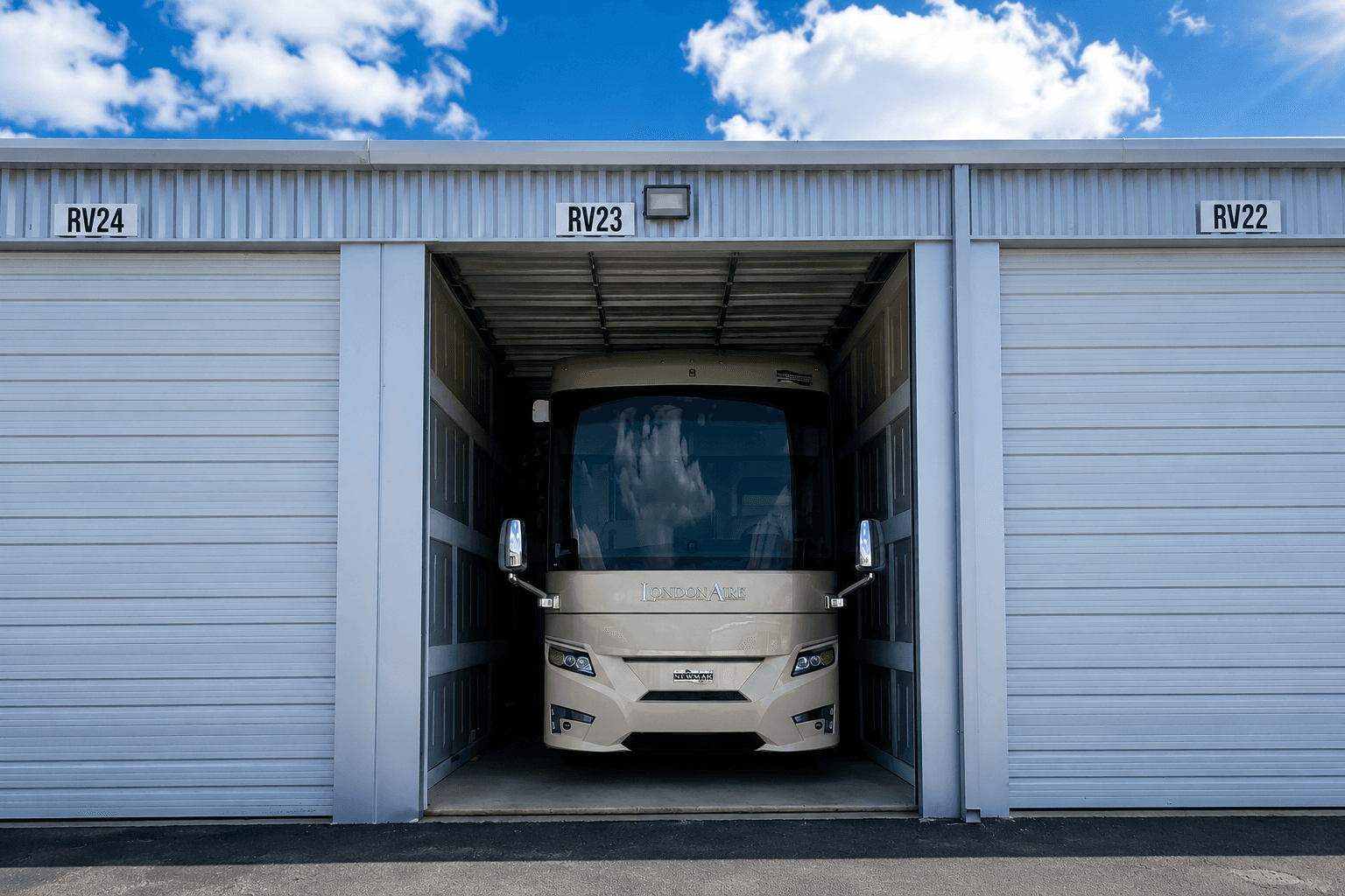 Luxury RV stored inside an enclosed vehicle storage unit at Modern Storage in Arkansas.