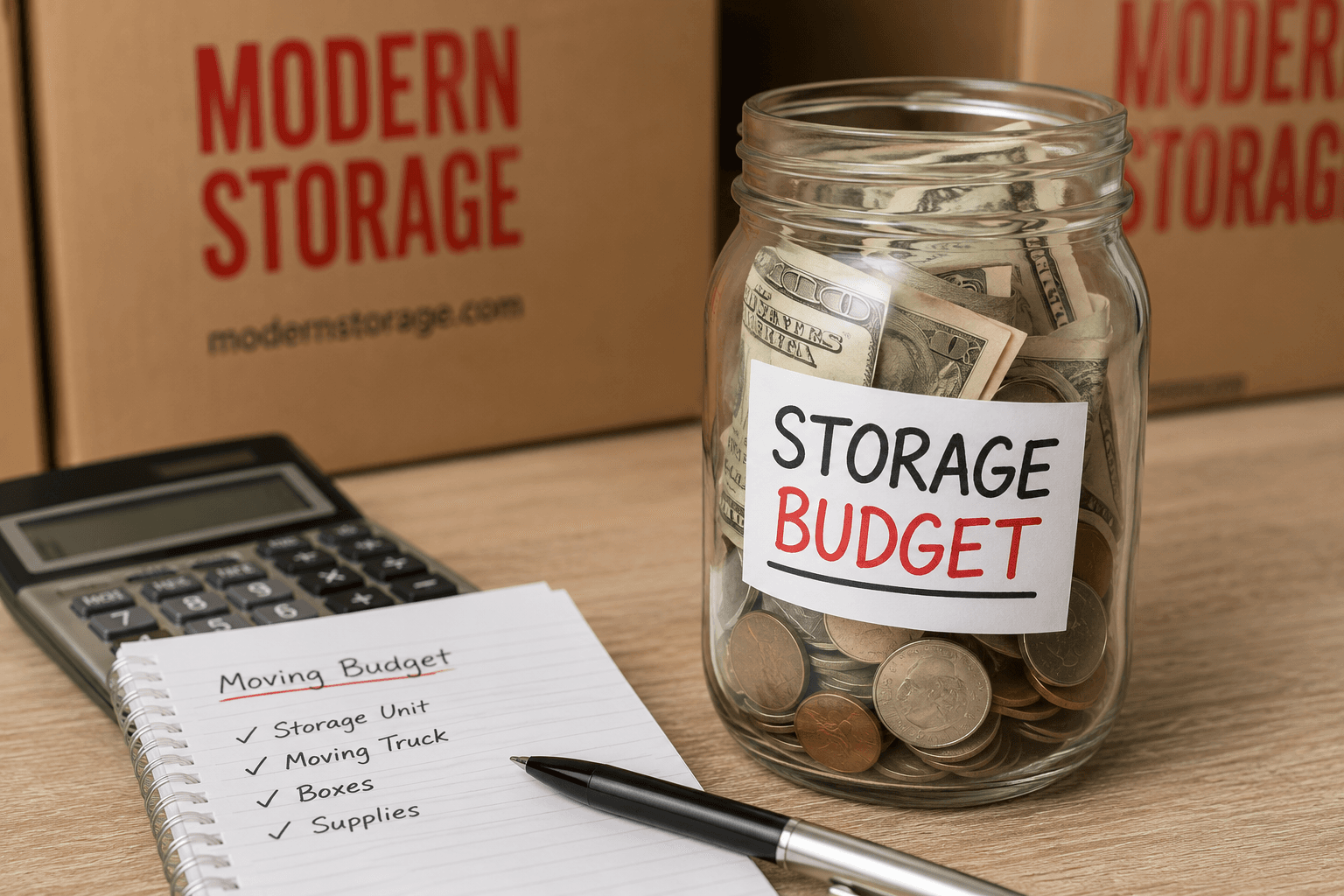 Glass jar filled with cash beside moving boxes, calculator, and budget list showing ways to save on self storage.