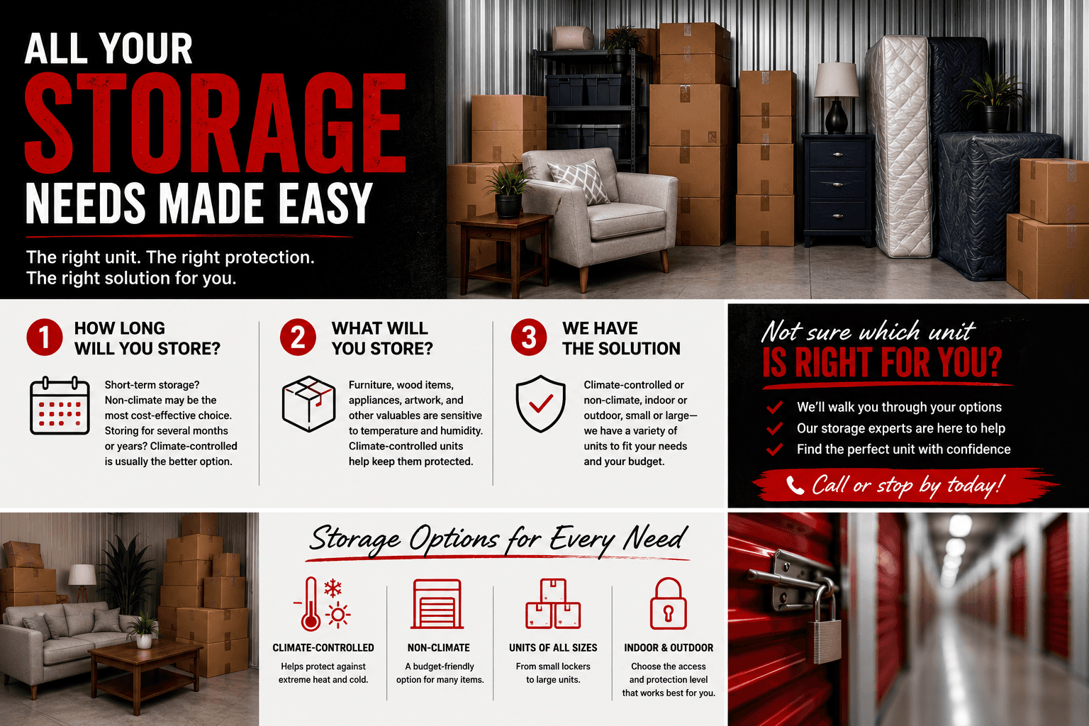Organized self-storage unit with furniture, boxes, and climate-controlled storage options for every storage need.