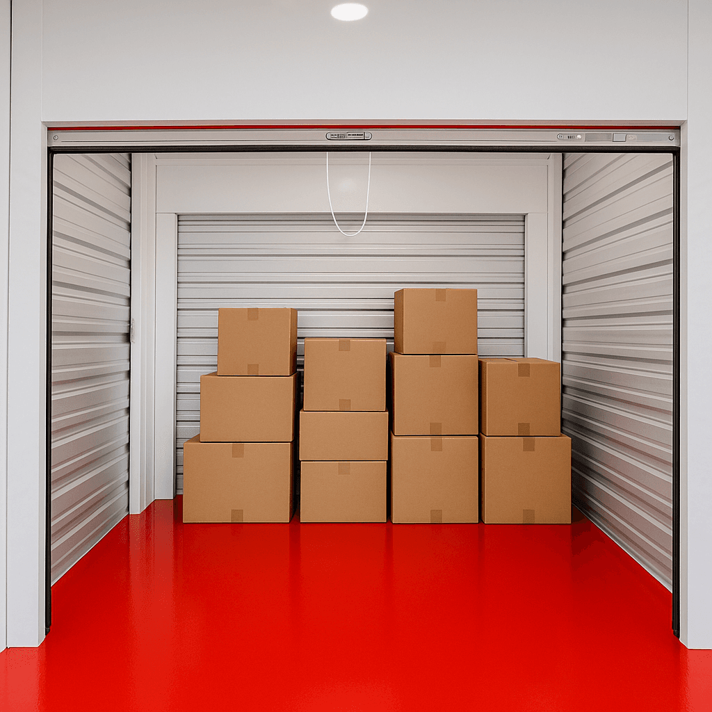Neatly stacked moving boxes inside a clean Modern Storage® unit with bright red floors, showcasing organized storage options