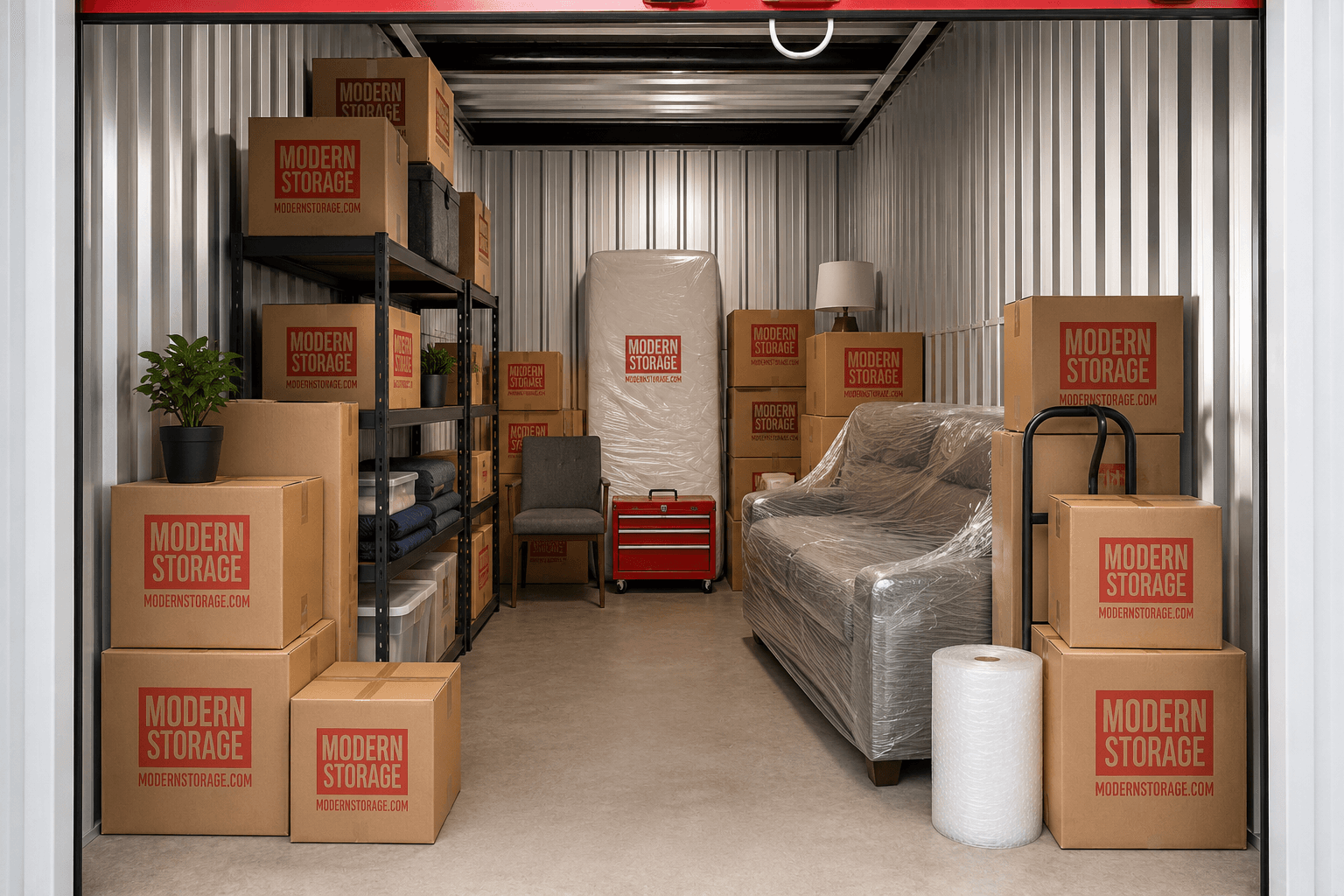 Organized storage unit packed with labeled moving boxes and furniture using smart storage organization techniques.
