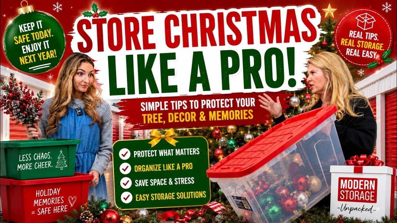 Wrapped Christmas decorations beside a storage unit with tips for organizing and storing holiday decor after the season.