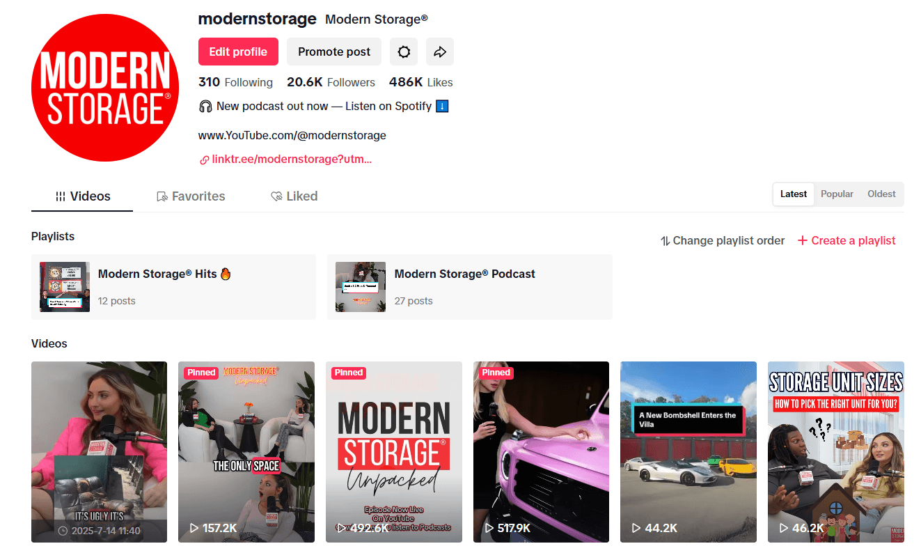 Screenshot of Modern Storage TikTok profile showing 486K likes and pinned videos